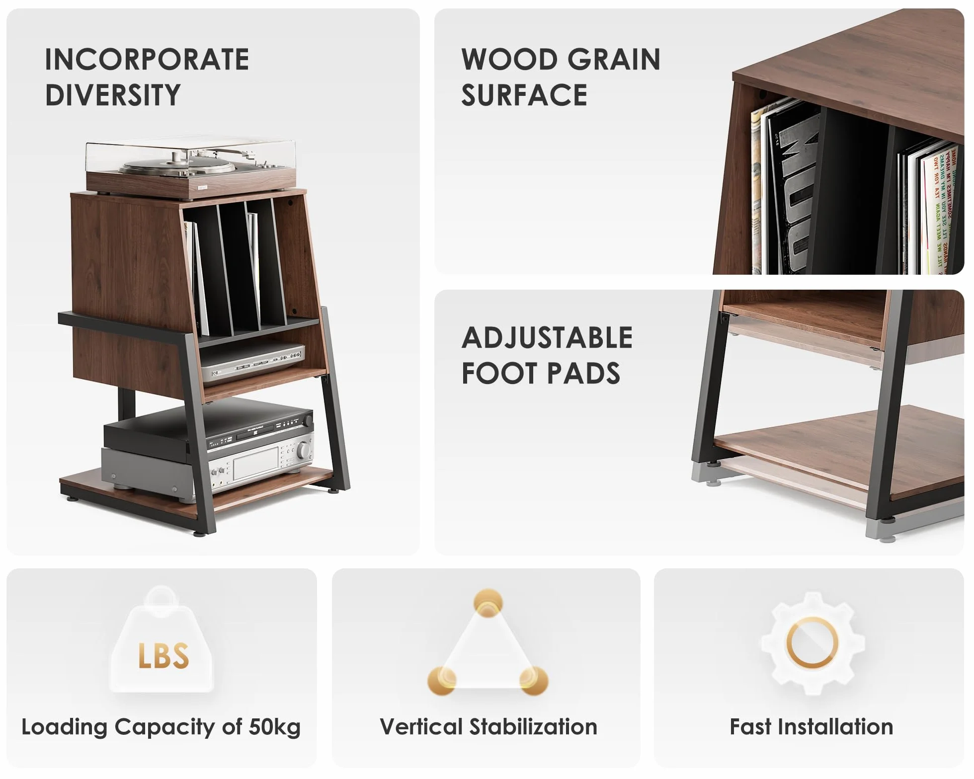 FITUEYES Designerski gramofon, stół HiFi, do gramofonów, płyt gramofonowych, kompaktowych urządzeń, regałów, nowoczesna, elegancka seria Eiffel