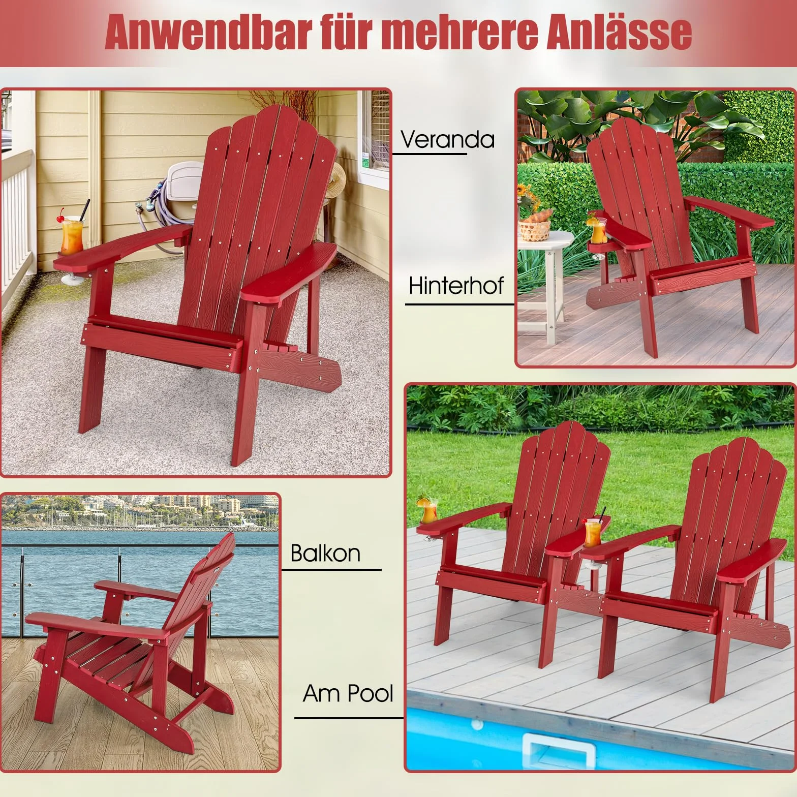 COSTWAY Adirondack krzesło z uchwytem na napoje, odporne na warunki atmosferyczne, krzesło ogrodowe z tworzywa sztucznego, krzesło outdoorowe do ogrodu, na taras, nośność 170 kg (czerwone)