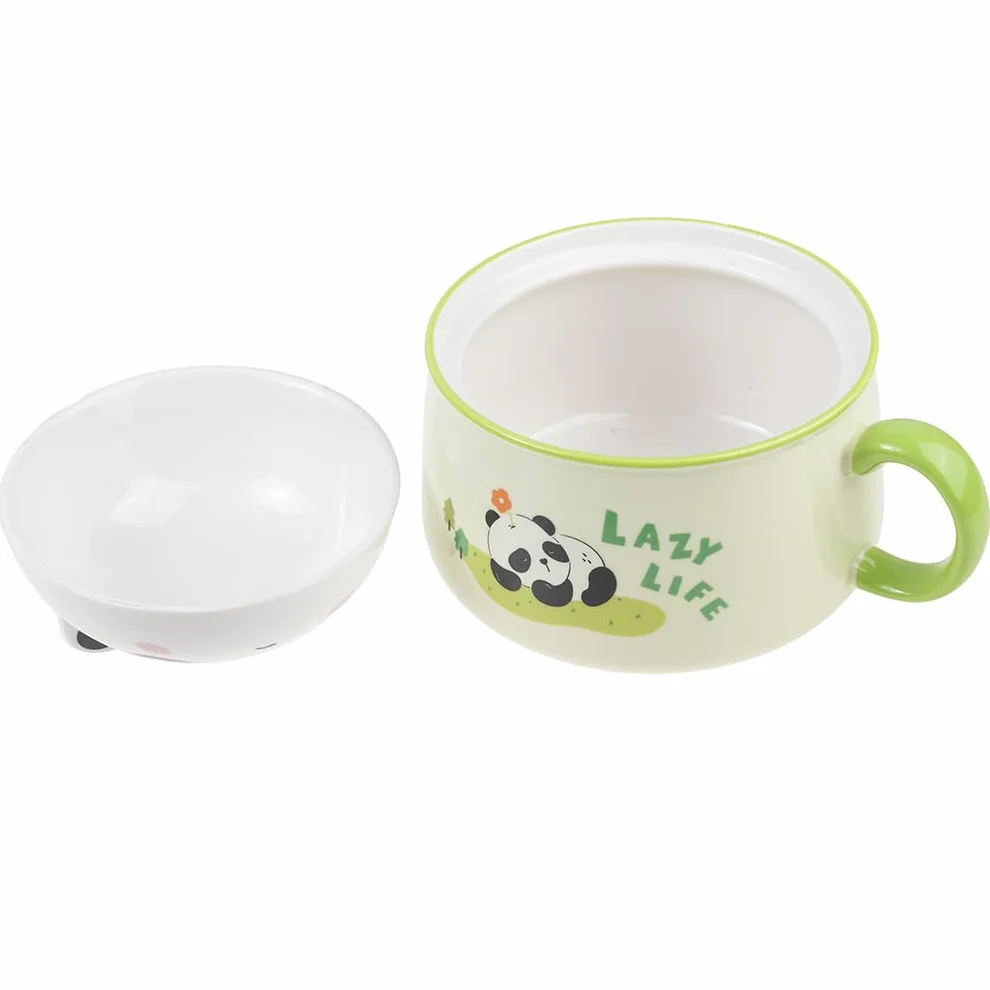 lachineuse - Azjatycka miska Ramen - Porcelana - Wzór Panda - 1020 ML - Z pokrywką i sztućcami - Miska śniadaniowa, Zupa, Ryż, Makaron Instant - Pomysł na prezent Azja Japonia Chiny - Zielony