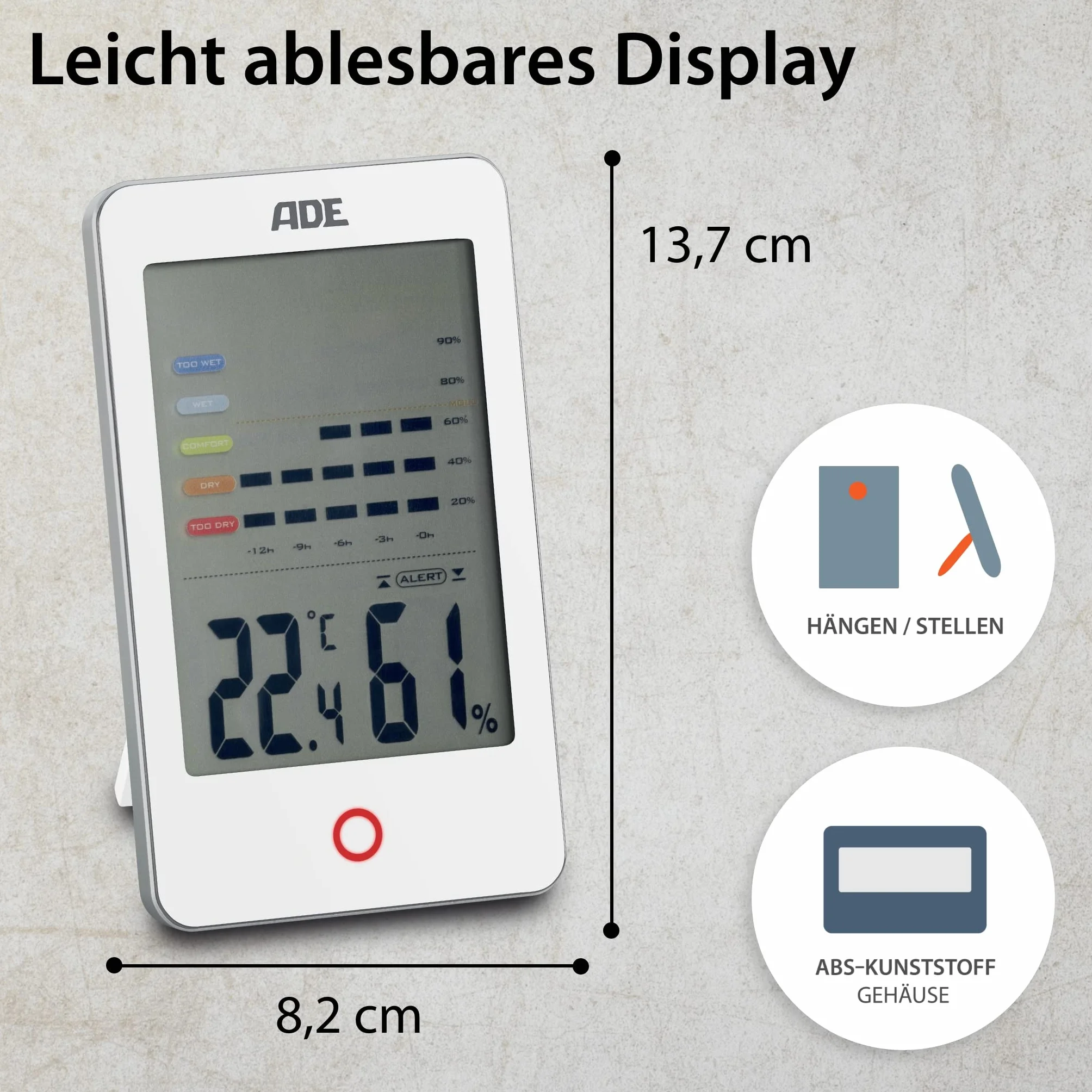 ADE cyfrowy higrometr z termometrem duży wyświetlacz LCD biały