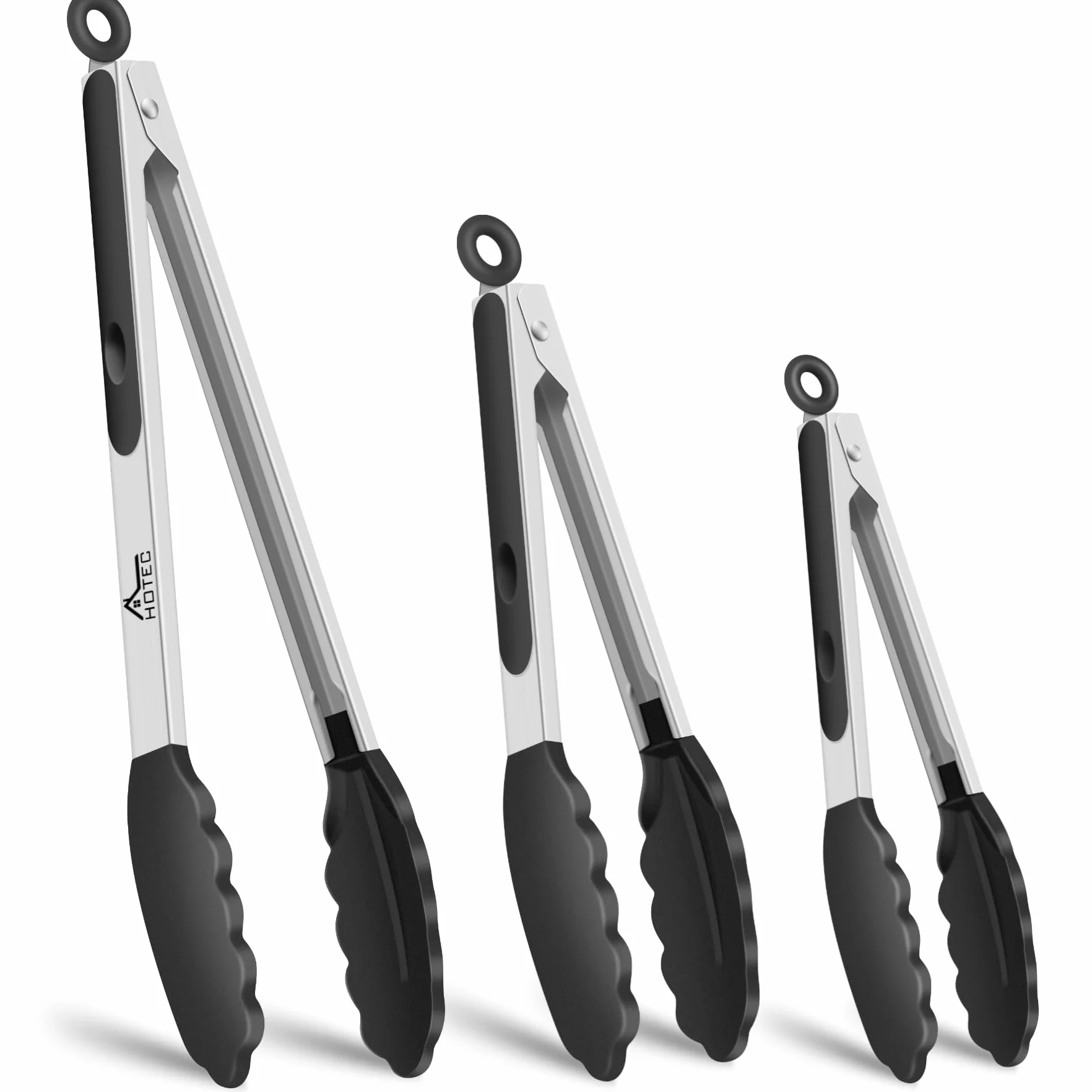 Szczypce kuchenne z blokadą ze stali nierdzewnej Hotec z silikonowymi końcówkami, zestaw 8-18 cm, 23 cm i 30 cm (czarne)