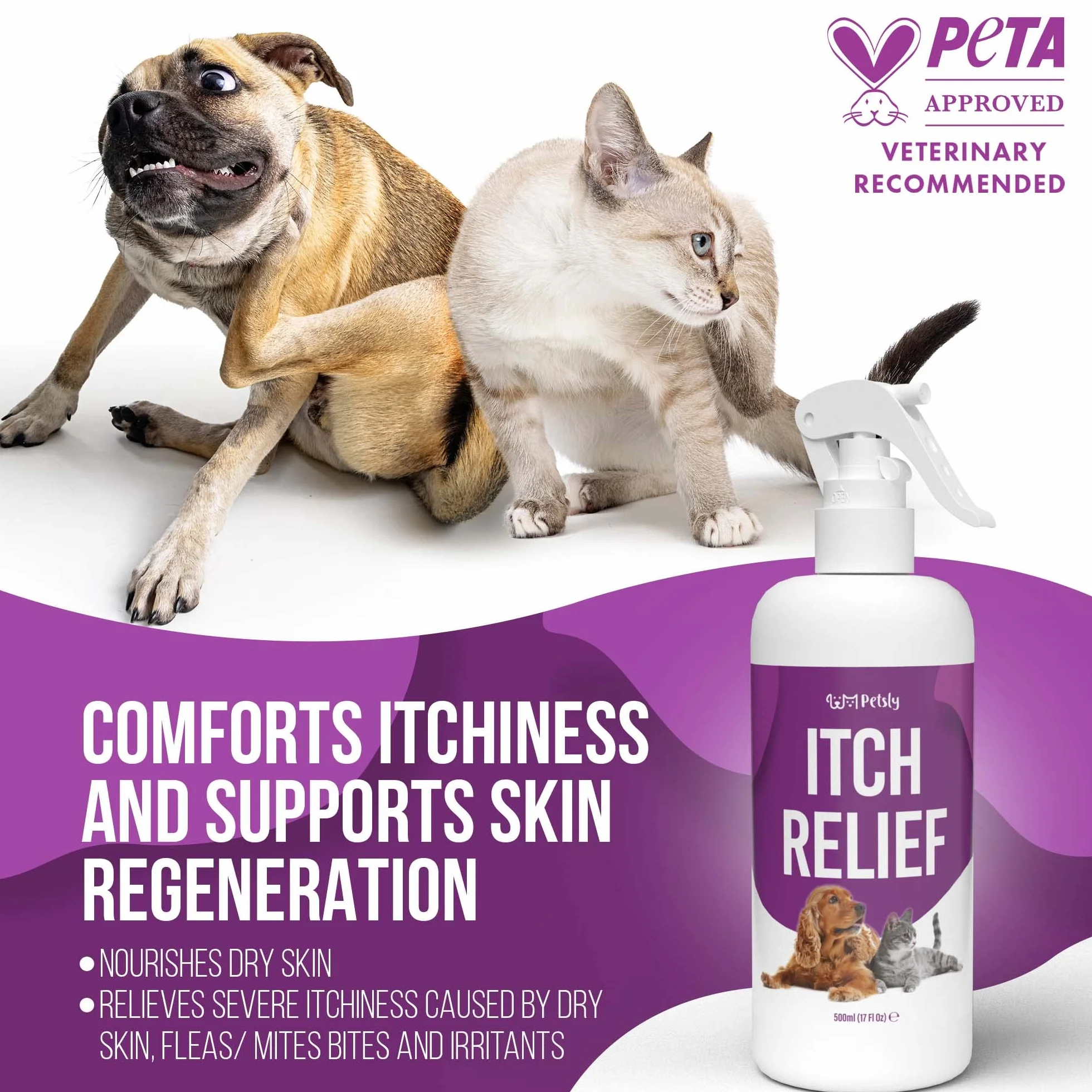 Petsly Anti Itch Spray pielęgnacyjny dla psów i kotów na swędzącą skórę zwierząt - odżywczy aloes jako środek przeciw swędzeniu u kotów, łagodzi swędzenie u psów, spray dla kotów + psów [500ml].