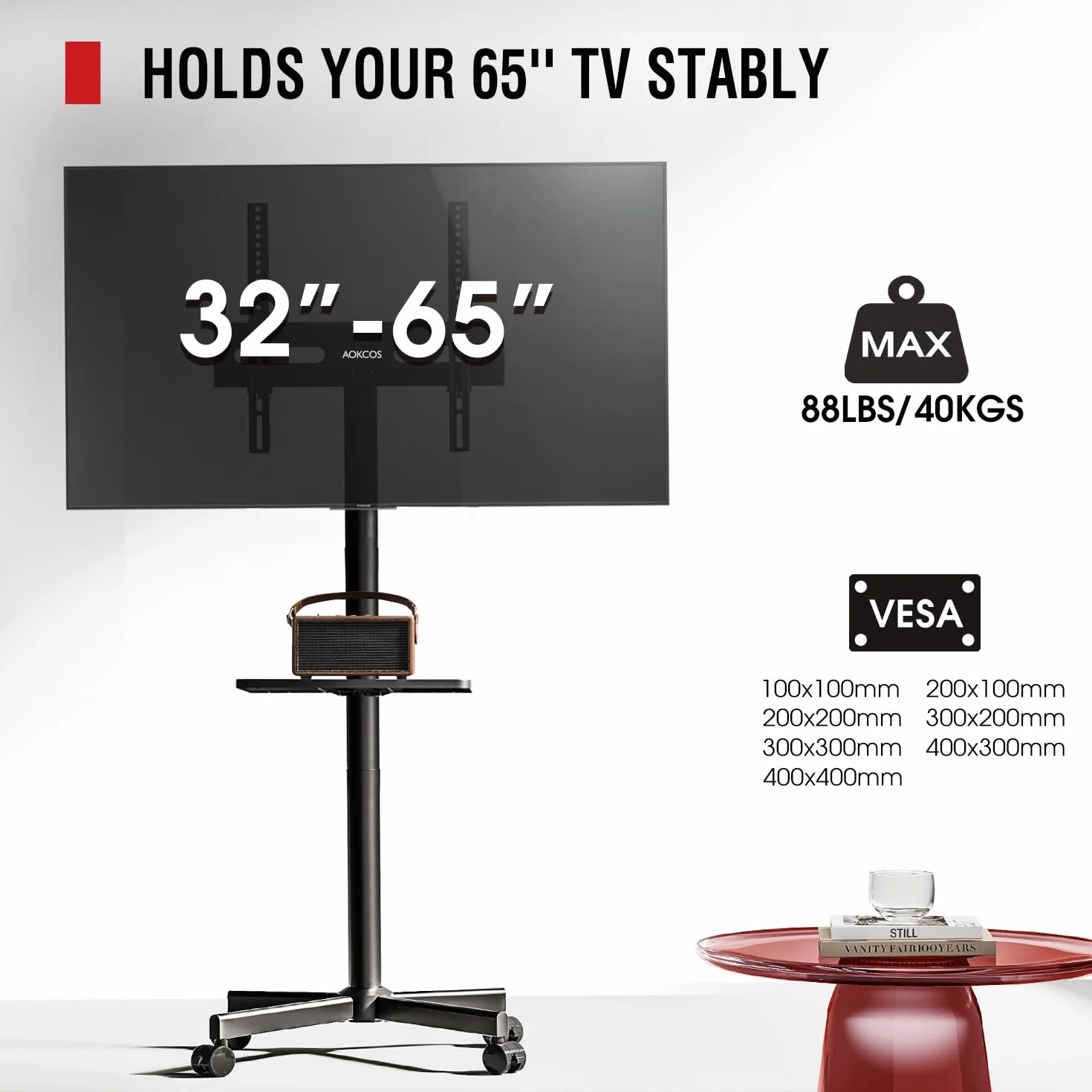 AOKCOS Stojak na telewizor na kółkach – mobilny stojak na telewizor na kółkach do płaskich / zakrzywionych telewizorów 81.3–165.1 cm z regulacją wysokości, przenośny wózek na telewizor o wadze do 40