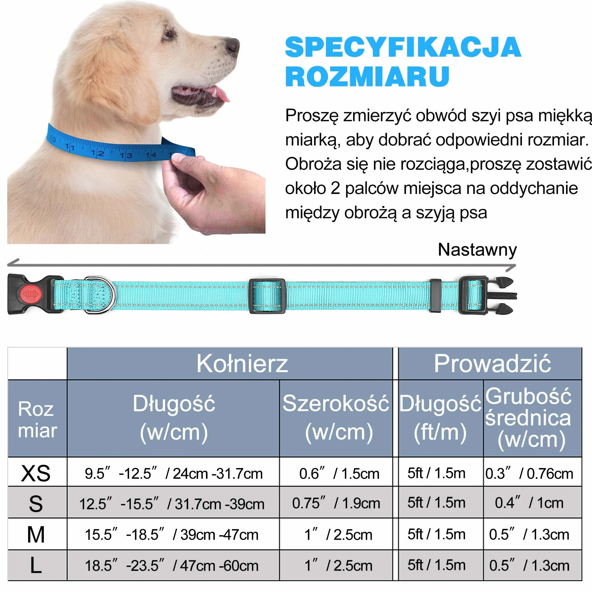 Haapaw Odblaskowa obroża dla psa, neoprenowa, regulowana, nylonowa