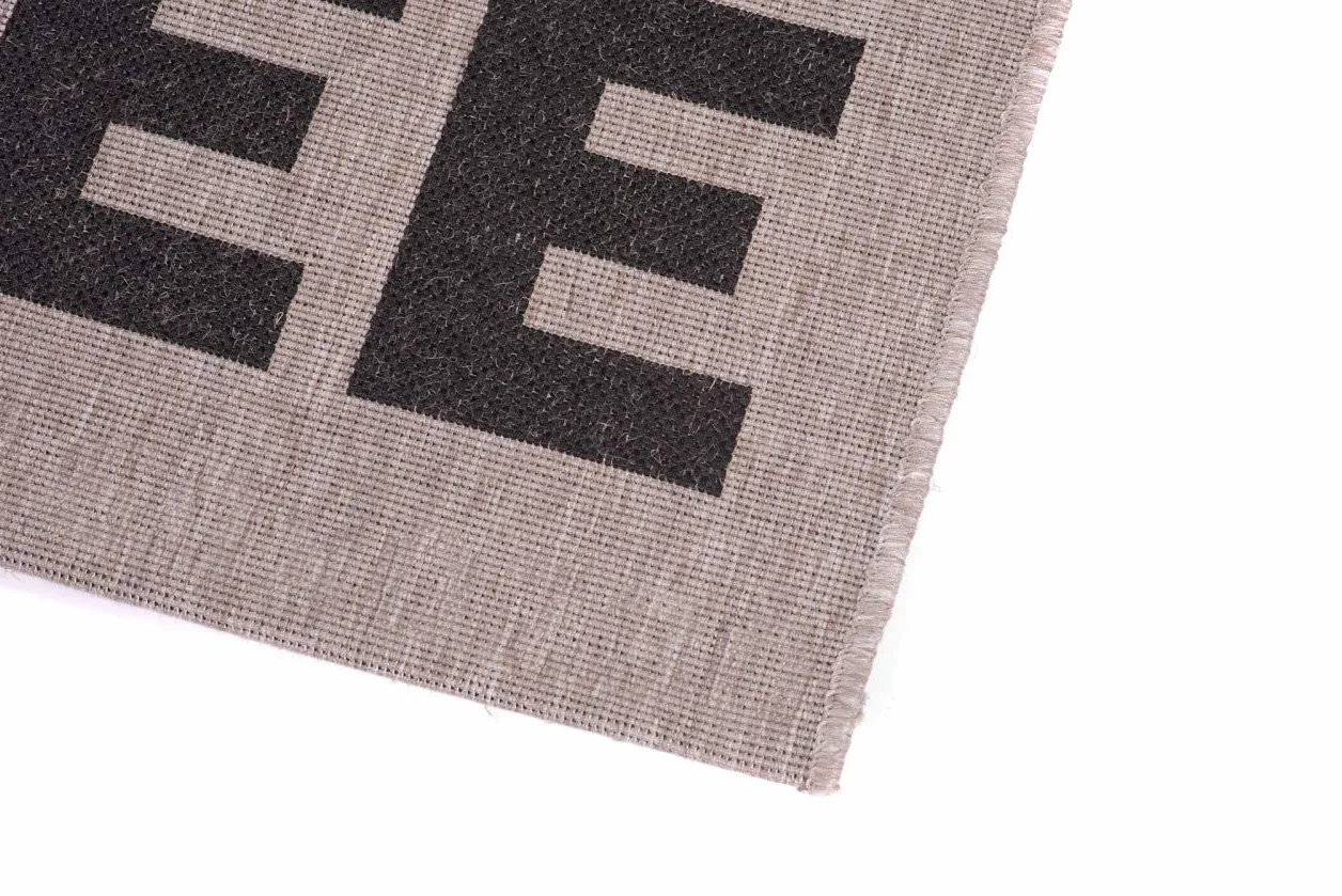 Tapiso FLOORLUX dywan o wyglądzie sizalu, tkanina płaska szara, srebrna, nowoczesne litery, kawa, do salonu, kuchni, do wnętrz, 200 x 290 cm