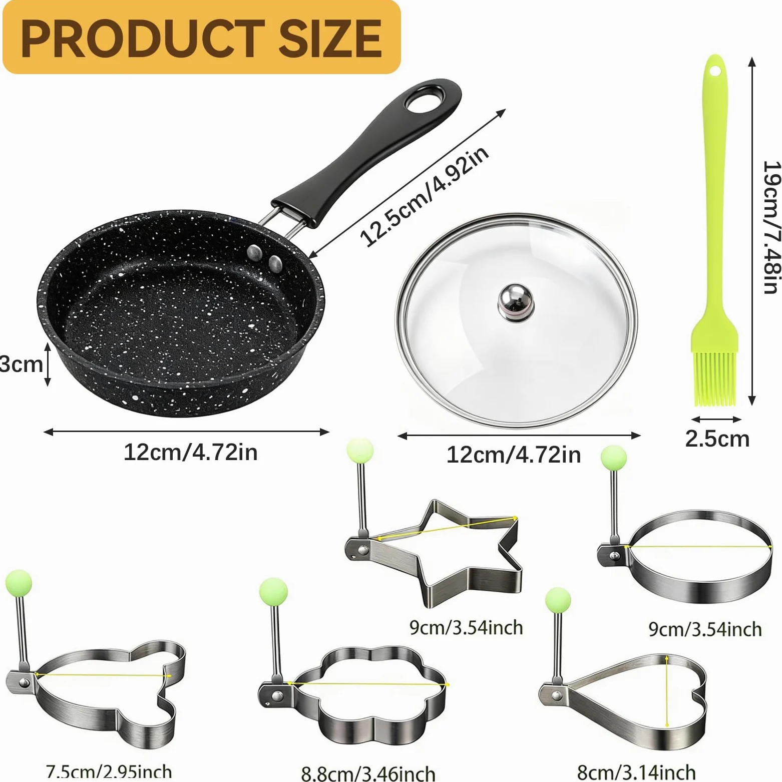 Mała patelnia 12 cm, nieprzywierająca, mini patelnia indukcyjna z uchwytem, mała patelnia do jajek z 1 szczotką, 5 foremkami do jajek, 1 pokrywką, mała patelnia do jajek sadzonych na kuchence