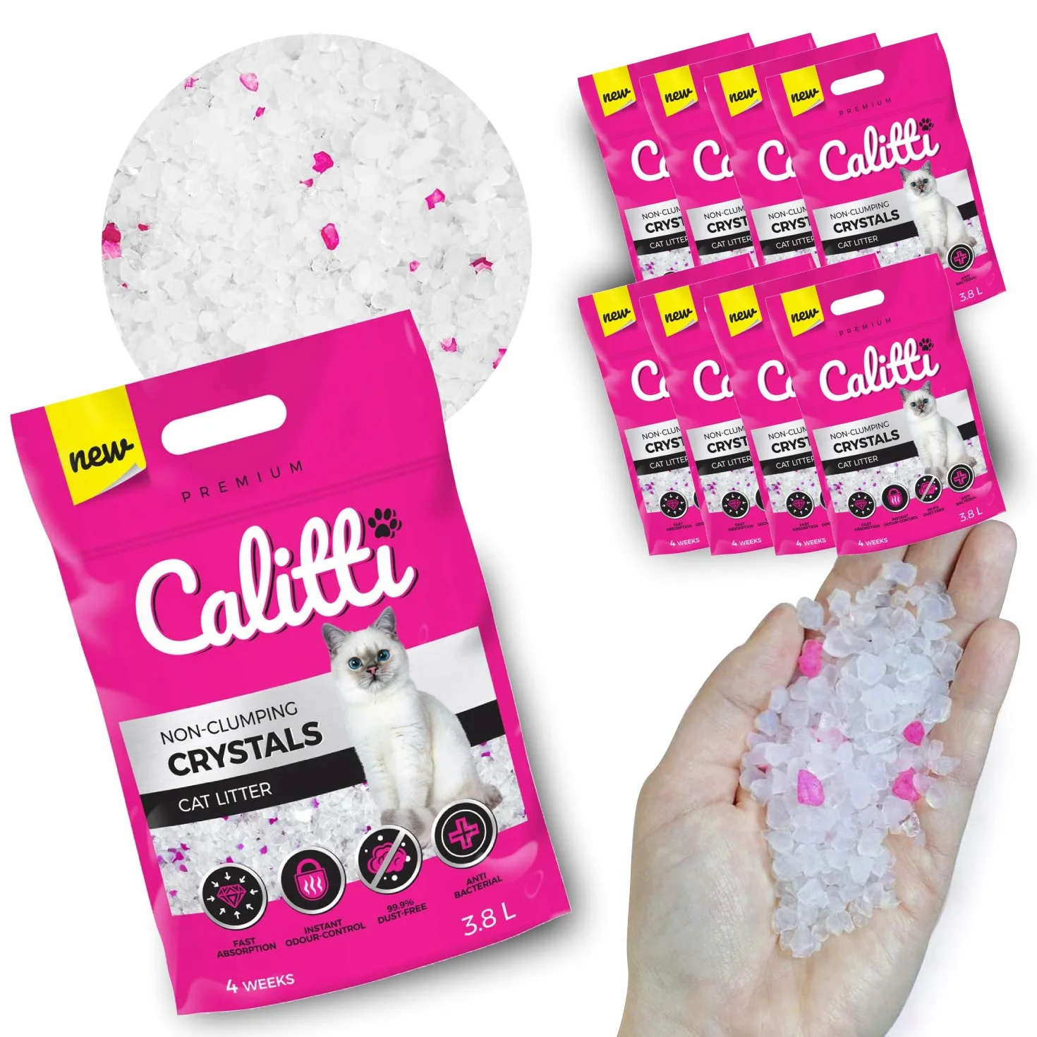 Calitti - żwirek silikatowy dla kotów | Premium Crystals żwirek silikatowy | Antybakteryjny żwirek dla kotów | Zestaw 8 x 3,8 L = 30 L