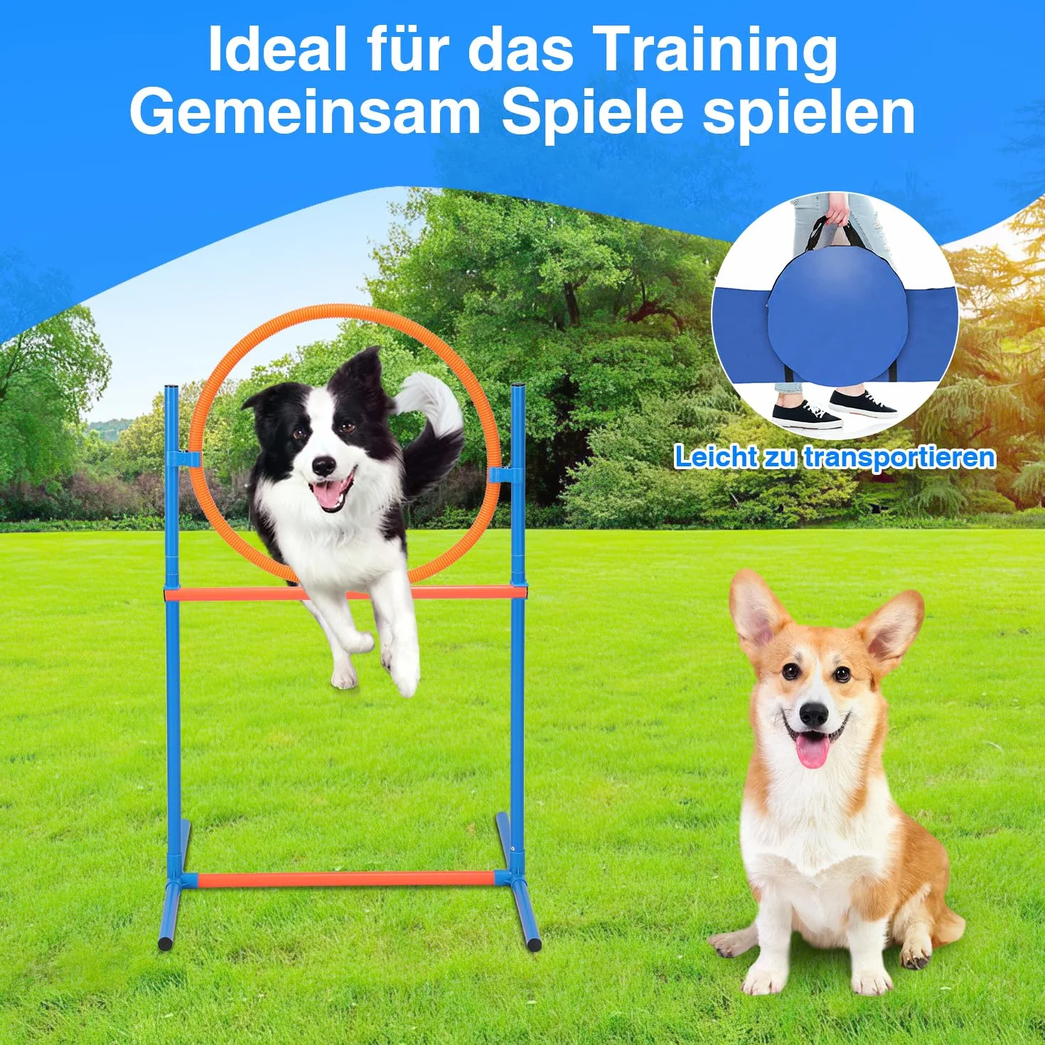 Herrselsam Agility zestaw sprzętu dla psów, zestaw sprzętu zwinnościowego dla psów, akcesoria do treningu psa, przeszkoda, pierścień do skakania, tunel dla psa, 8 drążków slalomowych, piłka, fajka,