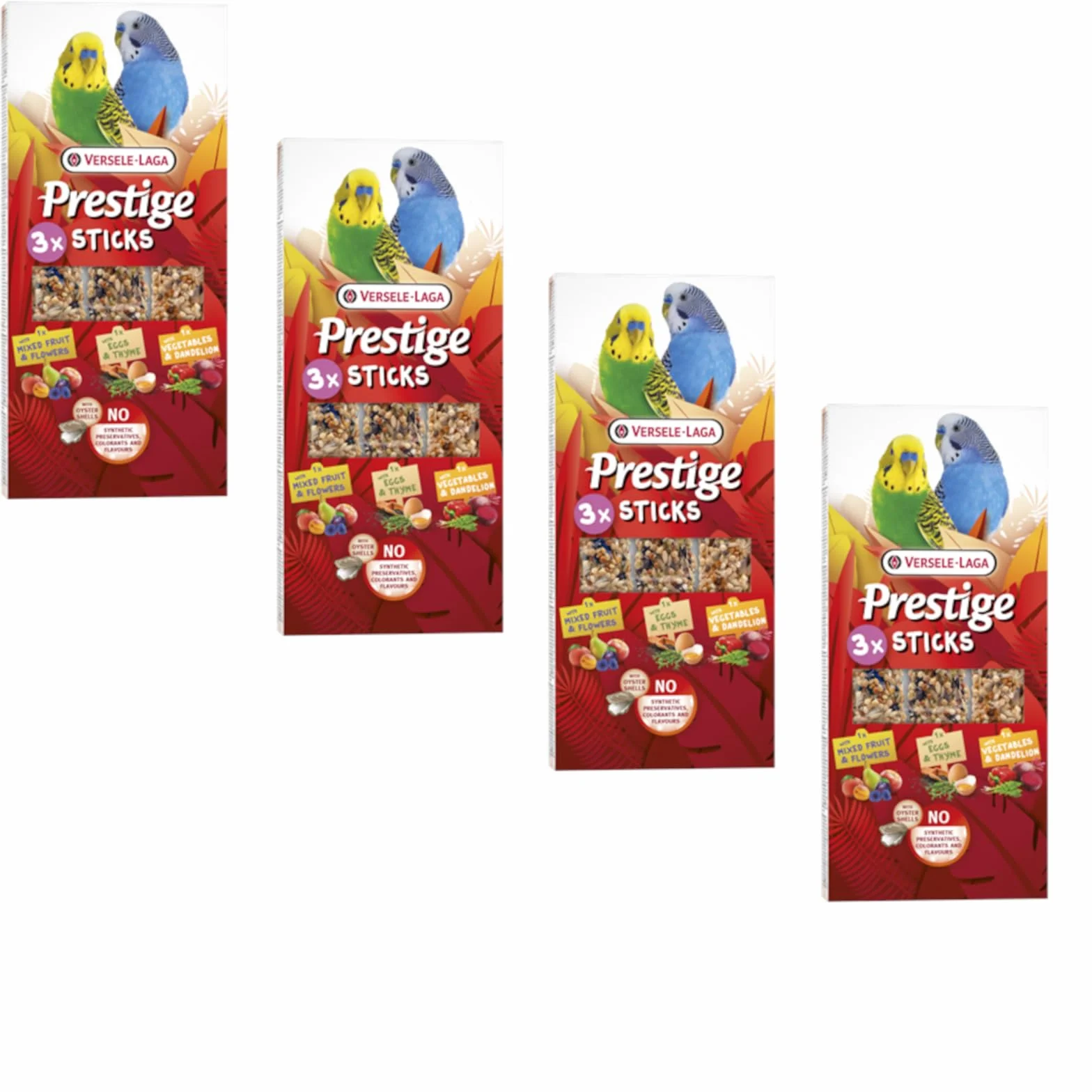 Versele-Laga Prestige Sticks Triple Variety małe papużki, 4 x 90 g, przekąska owoce i kwiaty, warzywa i mniszek lekarski, jajko i tymianek