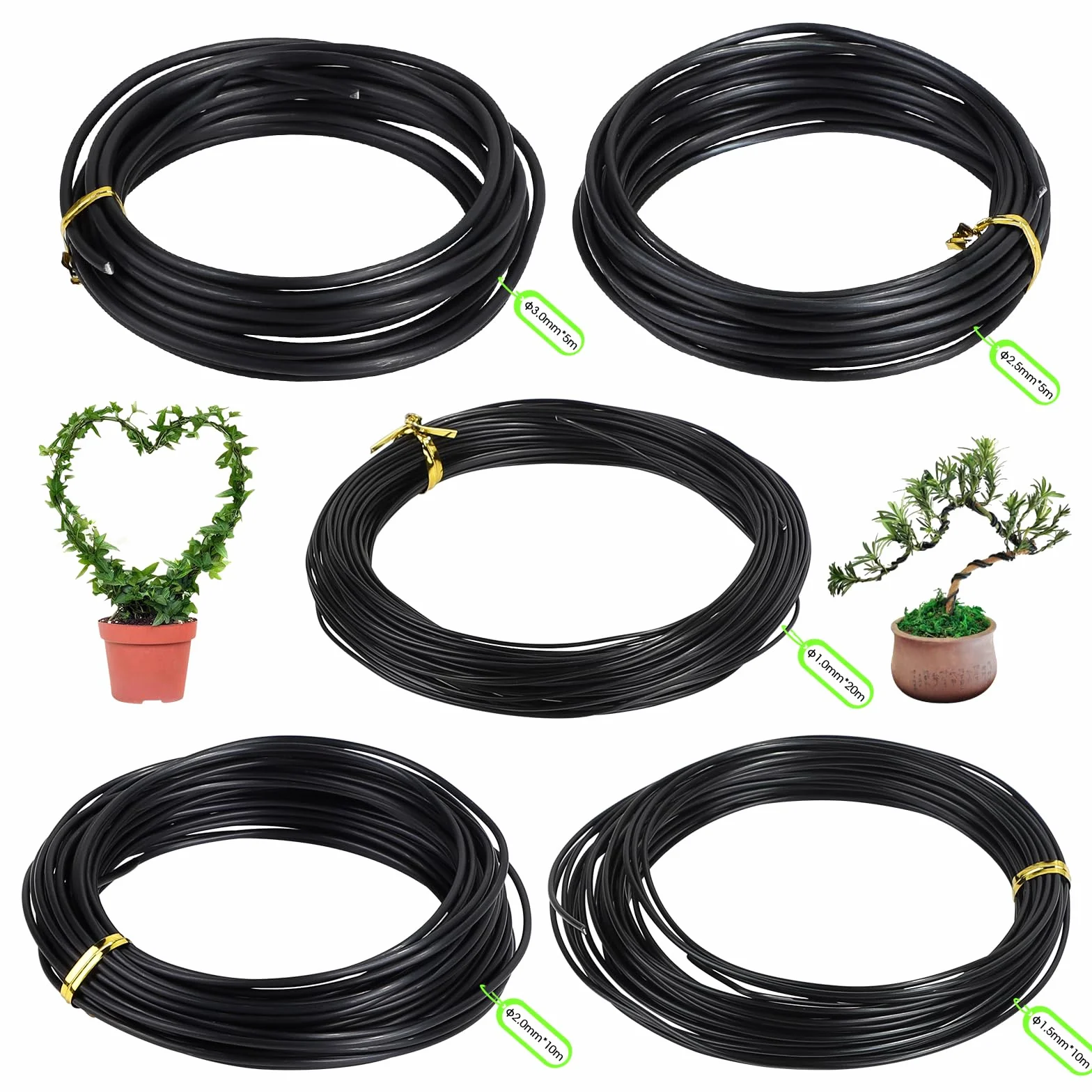 5 rolek drut bonsai do formowania, 1,0-3,0mm, czarny, 50m