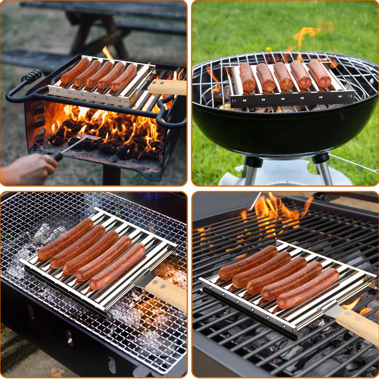 CLOPAE Hulajnoga do grillowania hot dogów, z drewnianym uchwytem, do równomiernego przyrządzania hot dogów