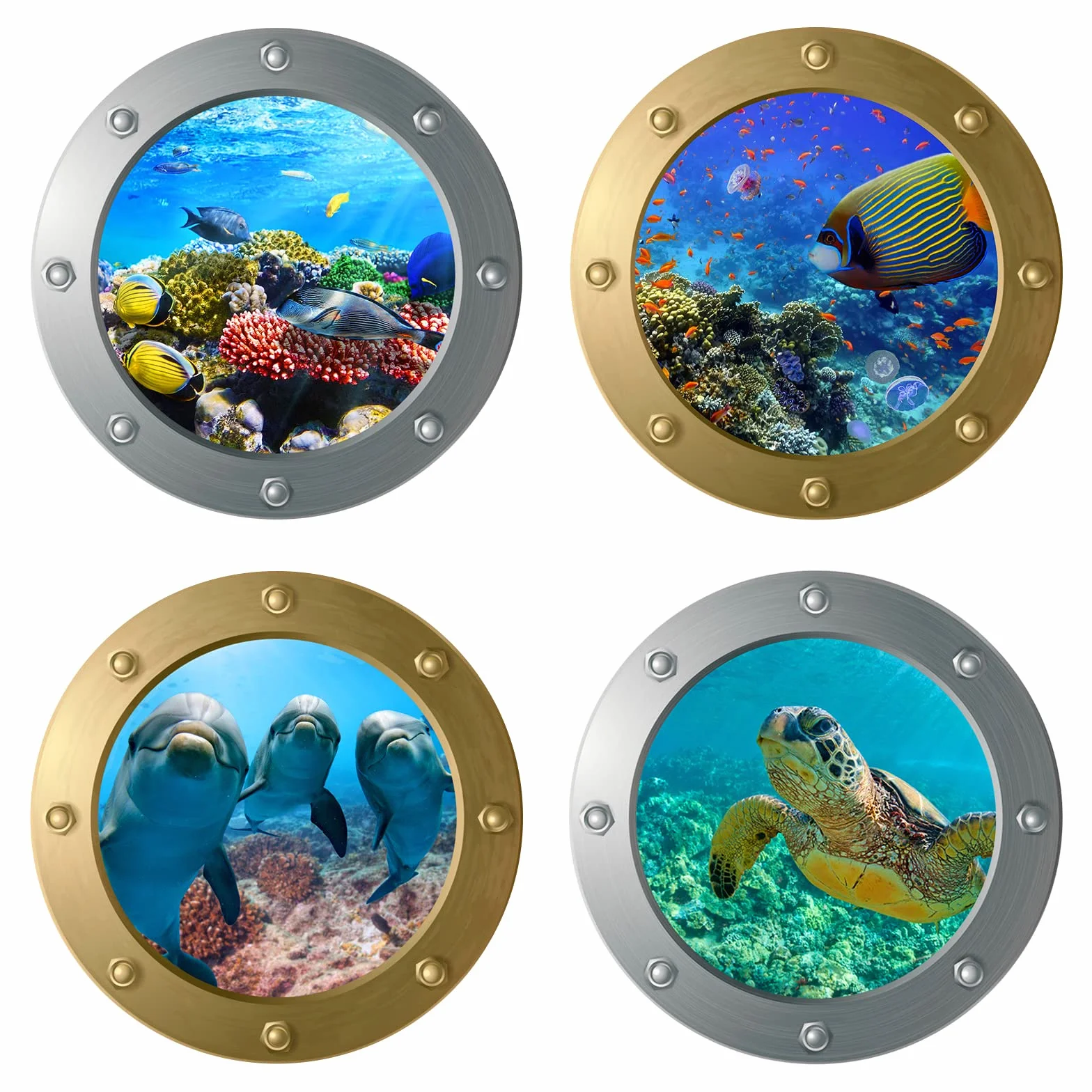 4 sztuki ścienne 3D naklejek podwodny świat, 3D Sea Life, delfin, łódź podwodna, okno, naklejki na płytki, do łazienki, obraz, dekoracja