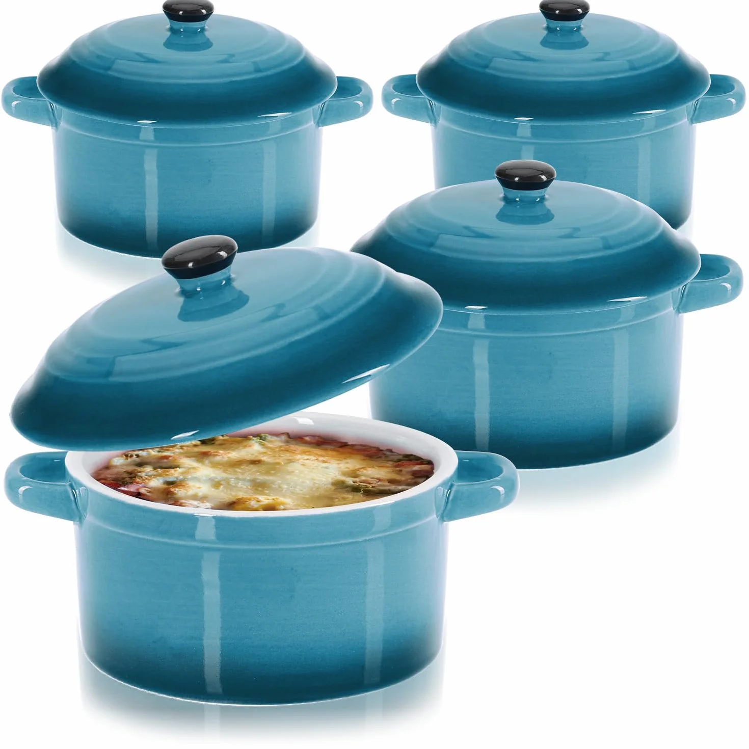 COM-FOUR® 4x naczynie zaroodporne z ceramiczna pokrywka - miseczka deserowa na crème brûlée - mini zapiekanka na ragout fin i sezonowane mieso - niebieski, ok. 300 ml na ksztalt (4 sztuki - niebieski)