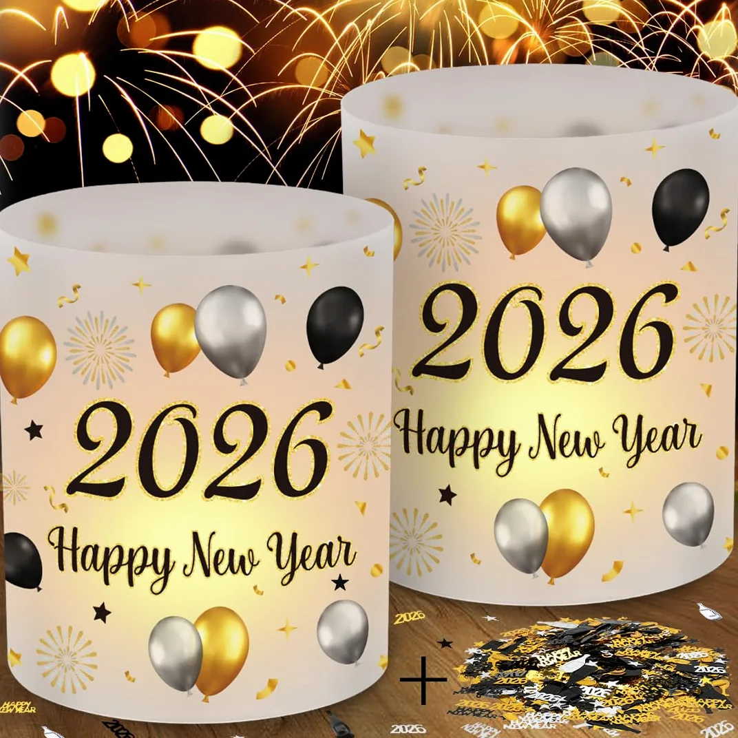 12 świeczników na stół noworoczny + 15 g noworoczne konfetti 2025 czarne złoto, Happy New Year 2025 dekoracja stołu na przyjęcie noworoczne 2025