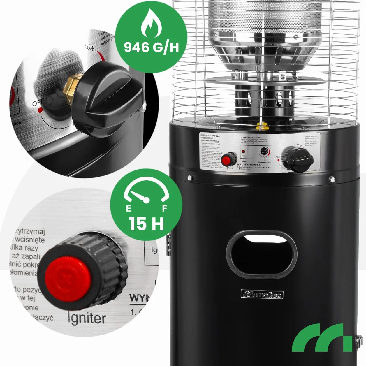 MalTec Grzejnik tarasowy grzejnik gazowy 13 kW Tropical GH295 osłona koła stalowy wąż