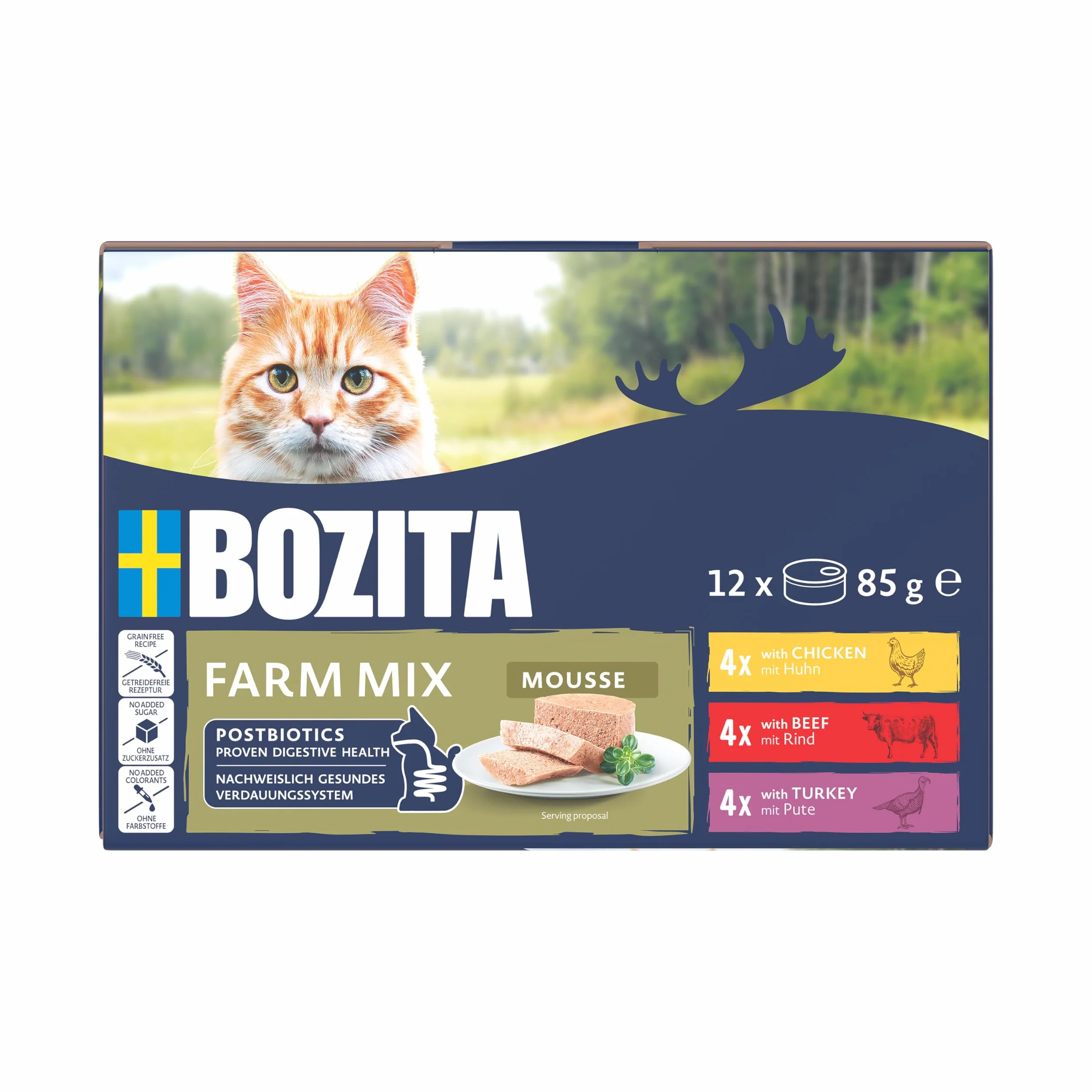 BOZITA Mousse Farm Mix 12 x 85 g mokra karma dla smakoszy z kurczakiem, wołowiną i indykiem z postbiotykami