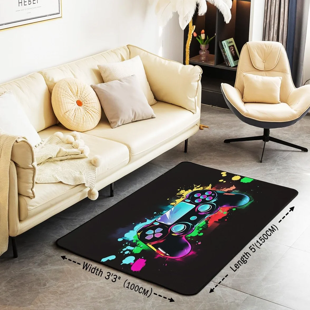Loussiesd Dywan do salonu dla graczy, 100 x 150 cm, gamingowy dywan akcentujący dla chłopców, dziewcząt, nastolatków, nowoczesny kontroler konsoli do gier, wewnętrzna mata podłogowa, joystick, węgiel,