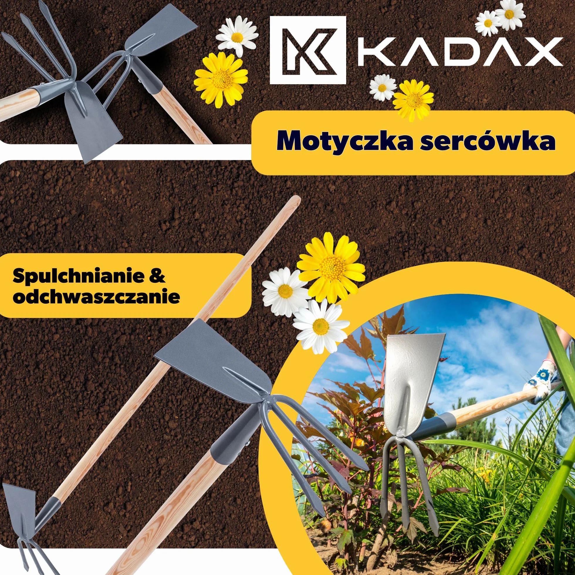 KADAX Motyka ogrodowa podwójna z metalową głowicą, długi drewniany trzonek, ostrze prostokątne + 3 zęby, do spulchniania, napowietrzania i pielenia ziemi