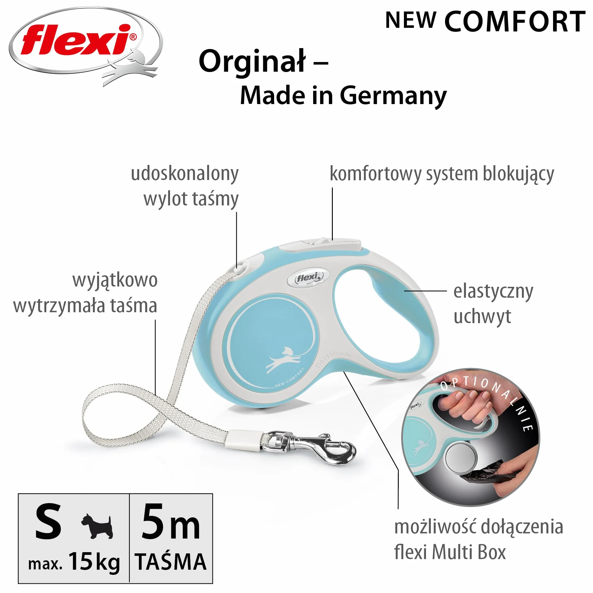 Flexi taśma smycz dla psów 5 m do 15 kg szara jasnoniebieska