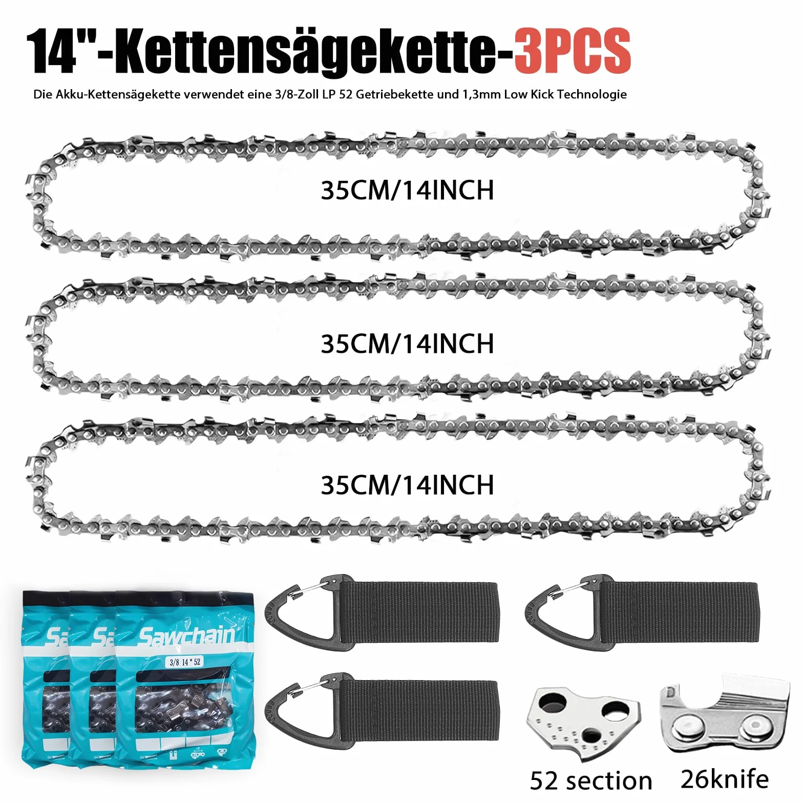 3 x 35 cm łańcuch do piły łańcuchowej 3/8" LP 52 TG 1,3 mm z akumulatorem o niskim odrzucie, łańcuch do piły 14", łańcuch zapasowy kompatybilny z Husqvarna Dolmar Einhell Makita Hitachi Oregon