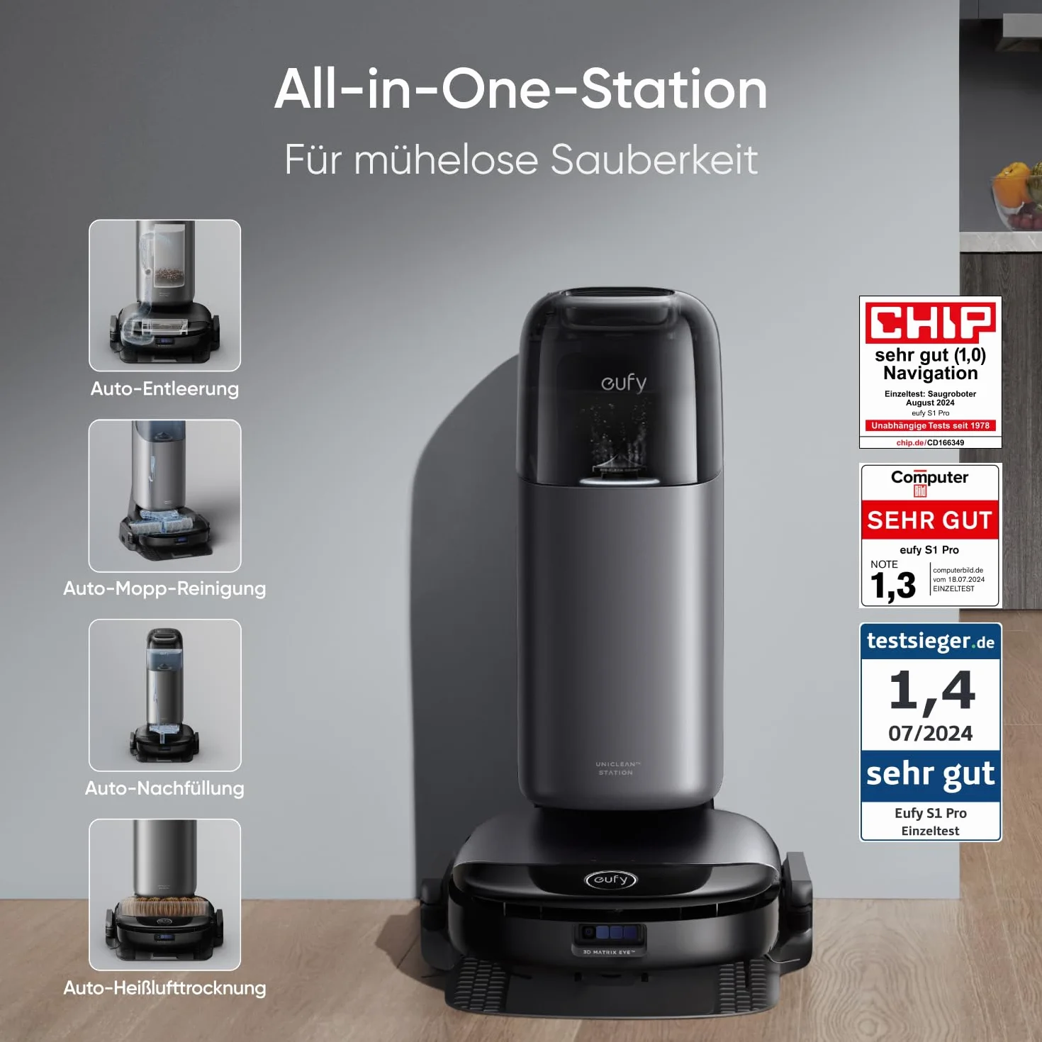 eufy Robot ssąco-mopujący S1 Pro HydroJet – 2 w 1, Eco-Clean Ozone, duża siła ssania, inteligentne wykrywanie przeszkód, automatyczne czyszczenie i suszenie rolki mopa, samoczynne opróżnianie