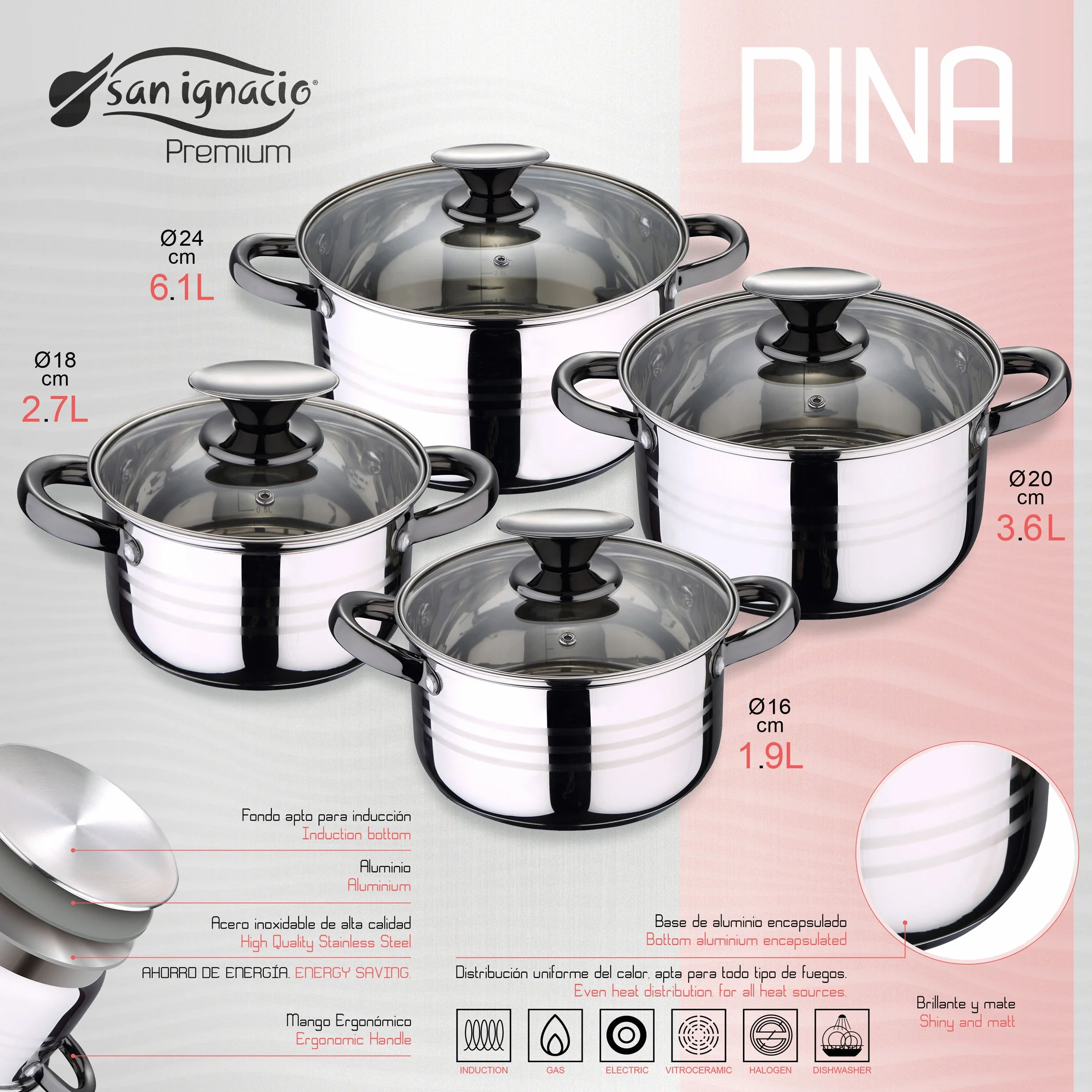 Bateria kuchenna 8 sztuk SAN IGNACIO Dina, stal nierdzewna, zestaw patelni (16/20/24 cm) SAN IGNACIO Paradise z tłoczonego aluminium