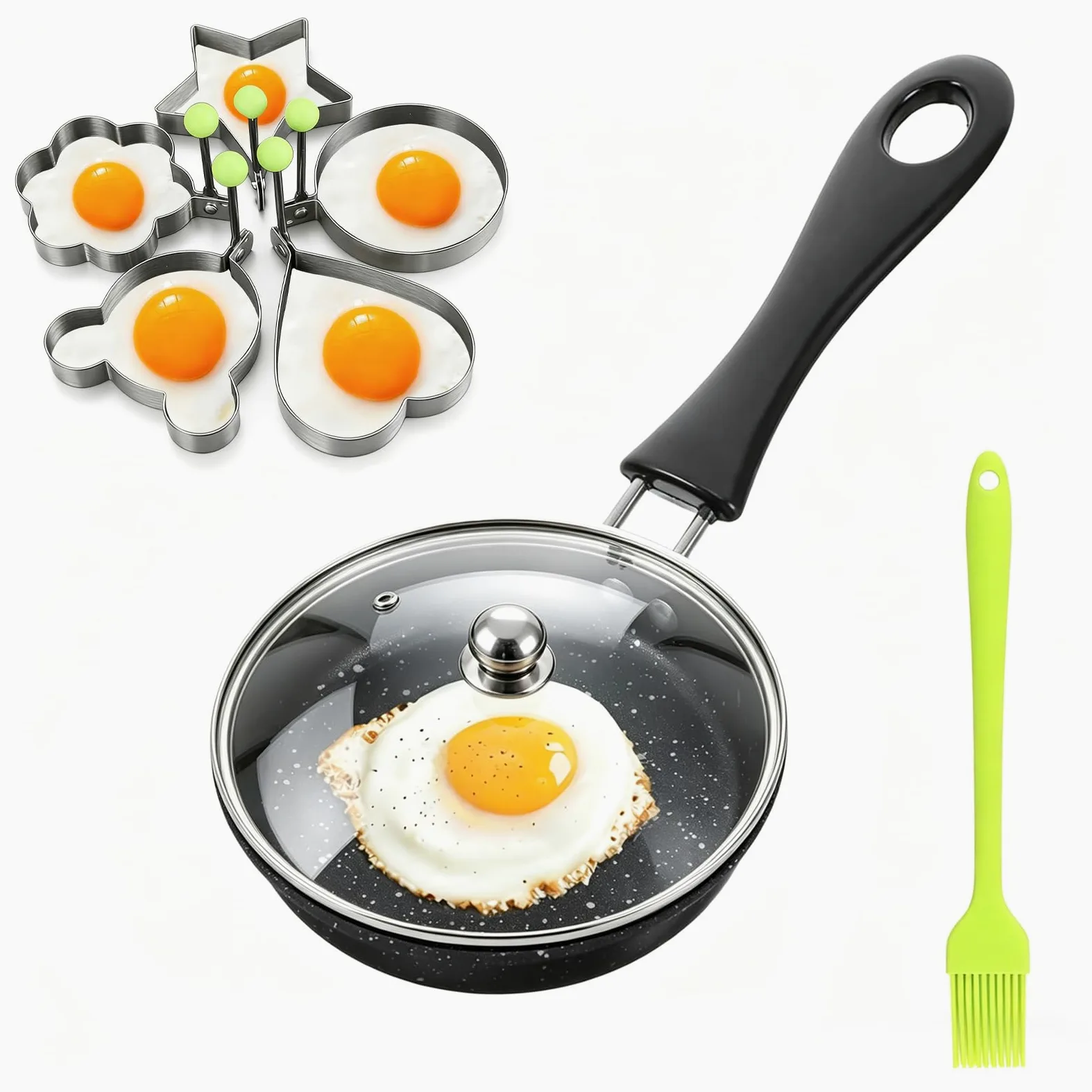 Mała patelnia 12 cm, nieprzywierająca, mini patelnia indukcyjna z uchwytem, mała patelnia do jajek z 1 szczotką, 5 foremkami do jajek, 1 pokrywką, mała patelnia do jajek sadzonych na kuchence
