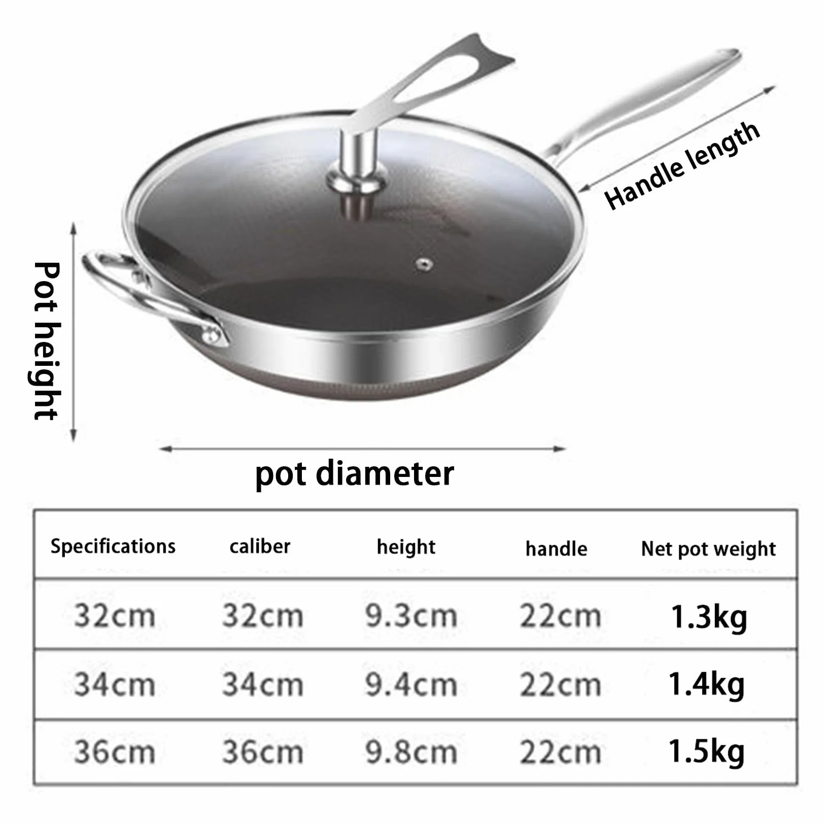Niepowlekany tytanowy wok, nieprzywierający, 32 cm / 34 cm, stal nierdzewna, trójwarstwowa konstrukcja, metalowy, nadaje się do użycia w zmywarce, wysokość 9 cm (srebrny, 34 cm)