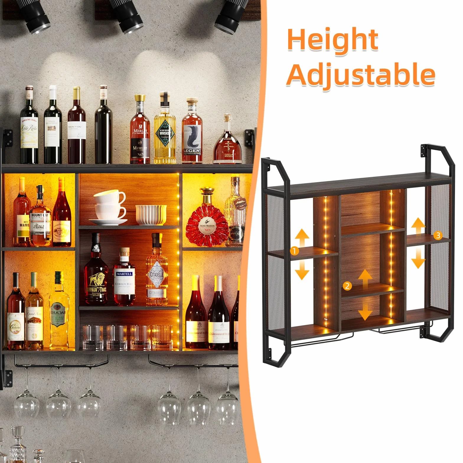 Regał ścienny na wino z oświetleniem LED, 90 x 90 cm, regał na wino do montażu na ścianie, wykonany z żelaza i płyty MDF, regał ścienny z uchwytem na szkło, regał ścienny z regulowaną półką, do barów,