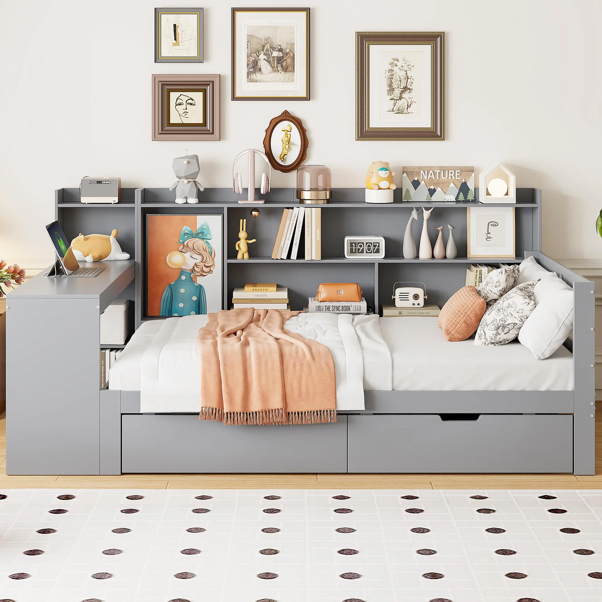 Wielofunkcyjna sofa z funkcją spania z litego drewna z wbudowanym biurkiem, gniazdkiem i miejscem do przechowywania – zajmuje mało miejsca 90 x 200 cm, w kolorze szarym do salonu, pokoju gościnnego