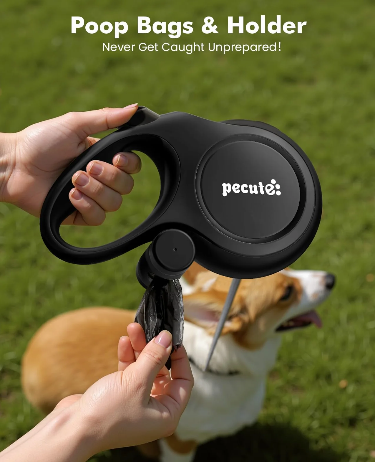 Pecute Wysuwana smycz dla psa 8 m z przedłużeniem 360° hamulec ręczny blokada czarna