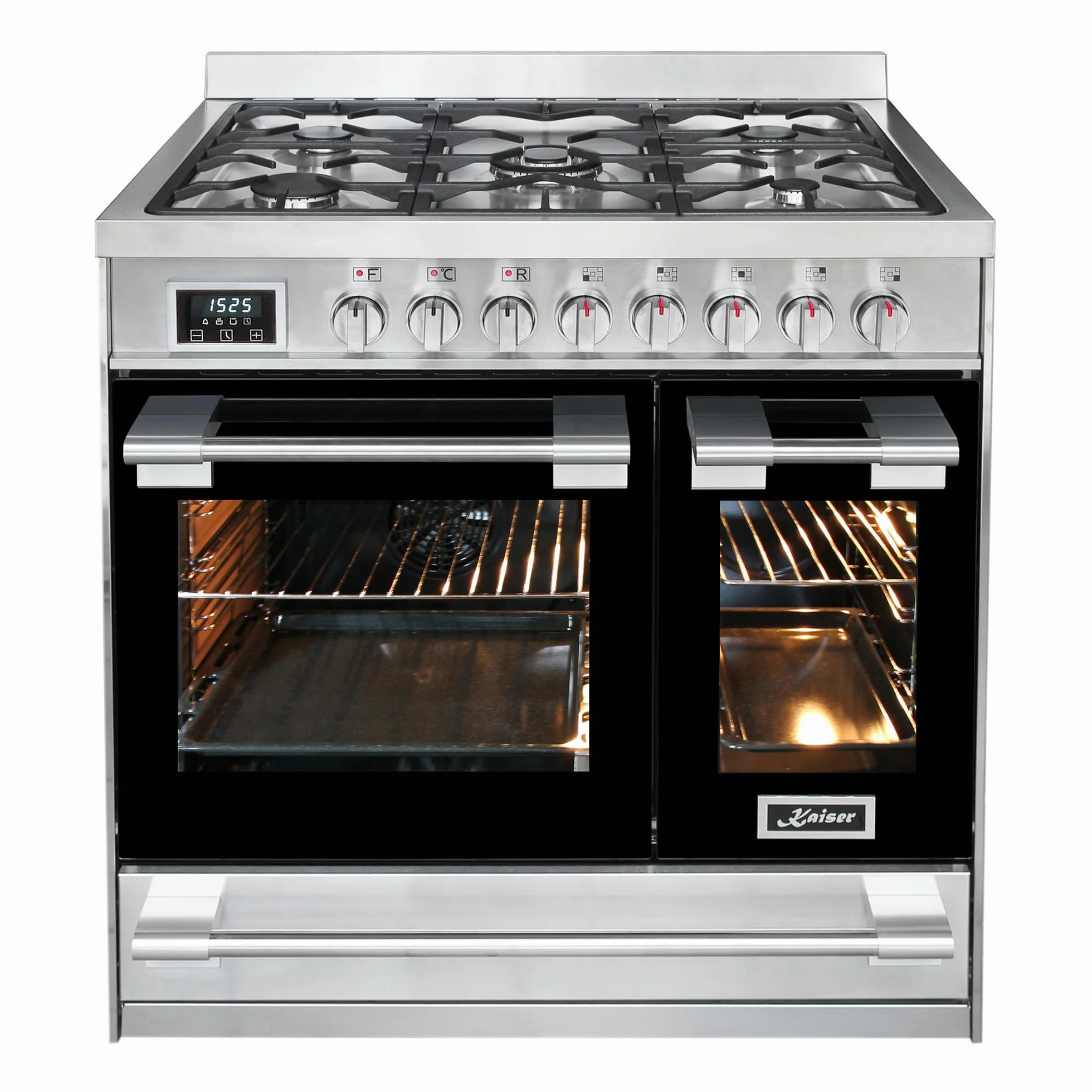 Kaiser HGE 93201 R Premium kuchenka gazowa ze stali nierdzewnej, z podwójnym piekarnikiem elektrycznym, 115 l, zasięg coocker 90 cm, 8 funkcji, 5 palników gazowych o mocy 3,7 kW i propanem