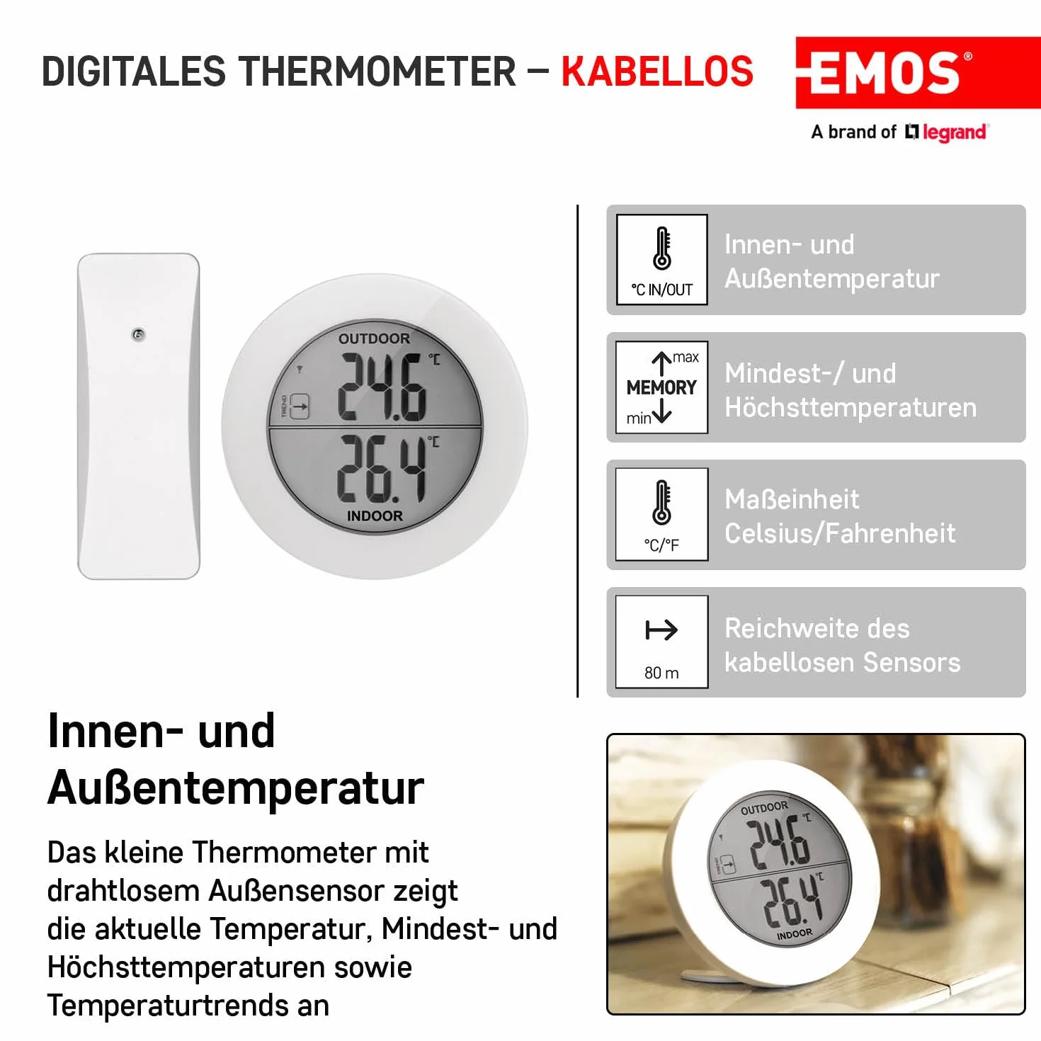 EMOS E0129 cyfrowy termometr z czujnikiem zewnętrznym, temperatura zewnętrzna i temperatura wewnętrzna, z bezprzewodowym czujnikiem radiowym, zasięg 80 m, funkcja pamięci