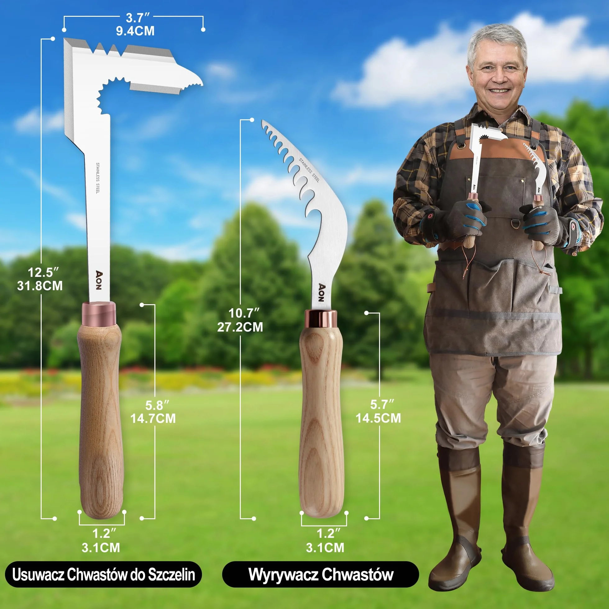 aon Zestaw 2 narzędzi – Odchwaszczacz y Skrobak do fug, Wyrywacz chwastów con acero tratado térmicamente y mango ergonómico de madera de fresno, ideal para jardines y patios, elimina malezas de raíz