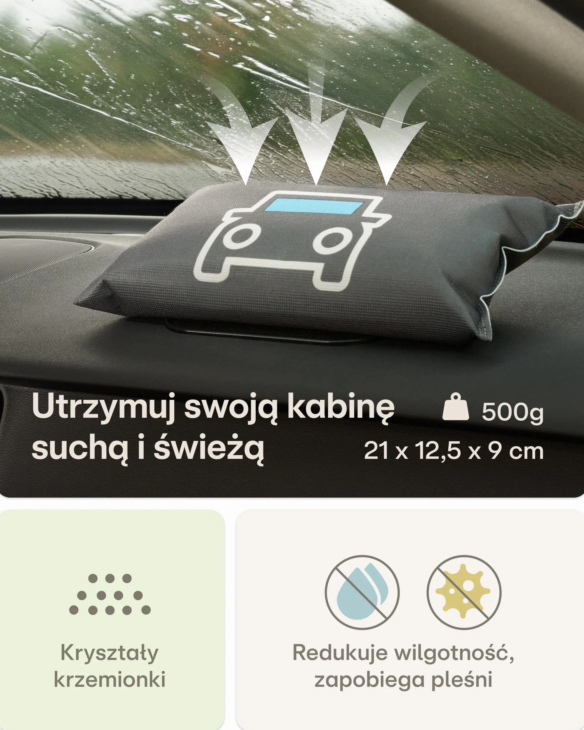 Praknu Osuszacz Samochodowy 500 g – Wielokrotnego Użytku Poduszka Wilgotnościowa do Zaparowanych Szyb Samochodowych – Z Wskaźnikiem Nasycenia i Podkładką Antypoślizgową