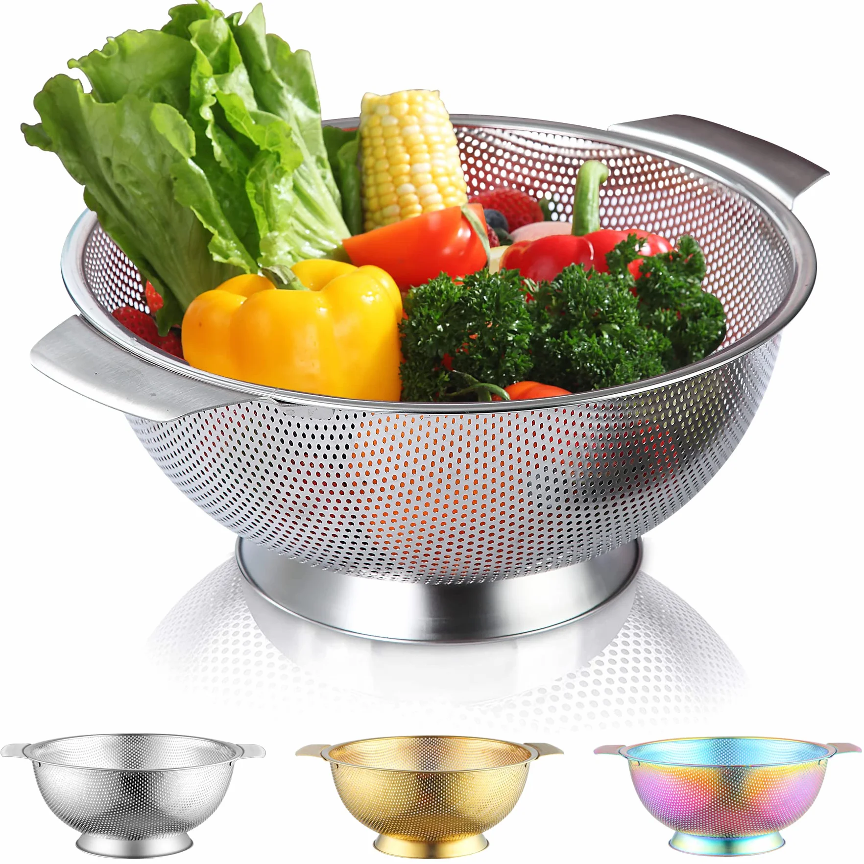 Kyraton Colander ze stali nierdzewnej 5 Quart, profesjonalne sito z ciężkimi uchwytami i samosuszającą solidną podstawą pierścieniową do makaronów, spaghetti, jagody, warzyw, owoców, makaronów, sałatek