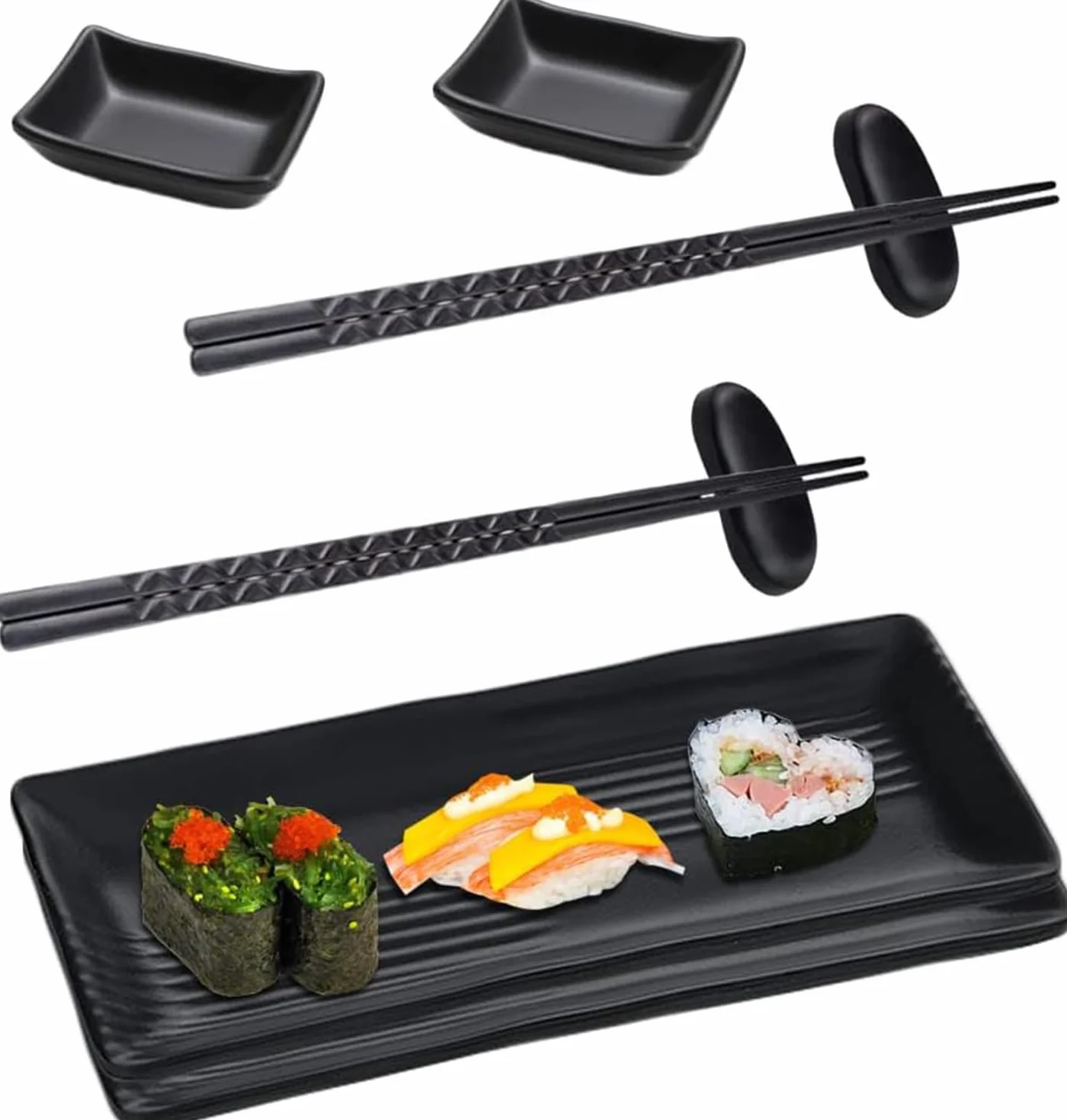 Talerz do sushi z miseczkami do dipów, japońskie talerze do sushi, zestaw naczyń z 2 parami pałeczek + 2 półki na pałeczki + 2 talerze + 2 talerze do dipet, czarny