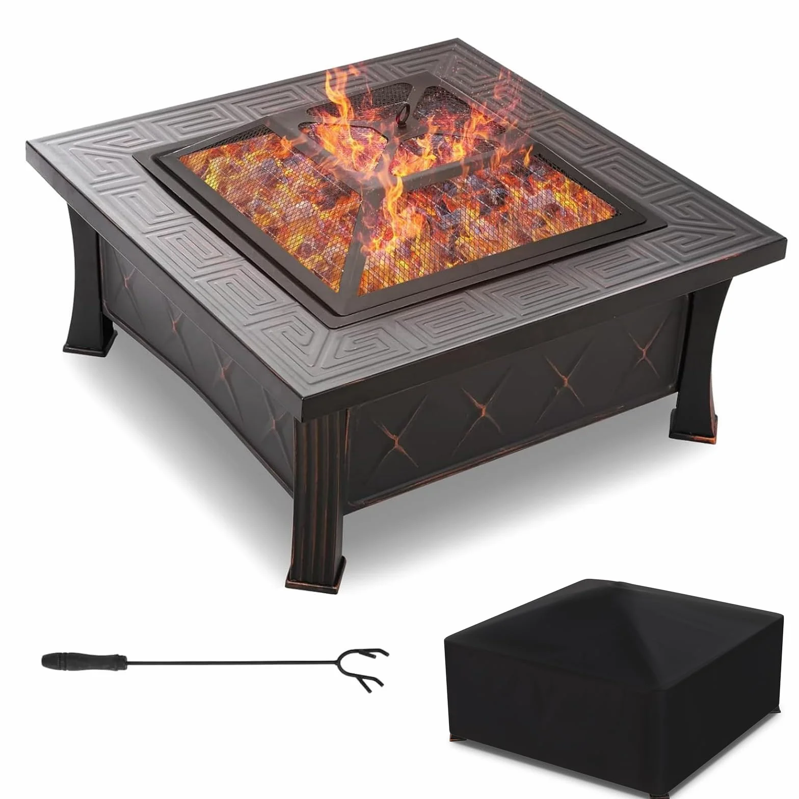 Palenisko do grillowania i ochrony przed iskrami, 3 w 1, kwadratowe z pokrywą, do ogrodu, BBQ, kempingu, ogrzewanie tarasu, 81x81x51 cm