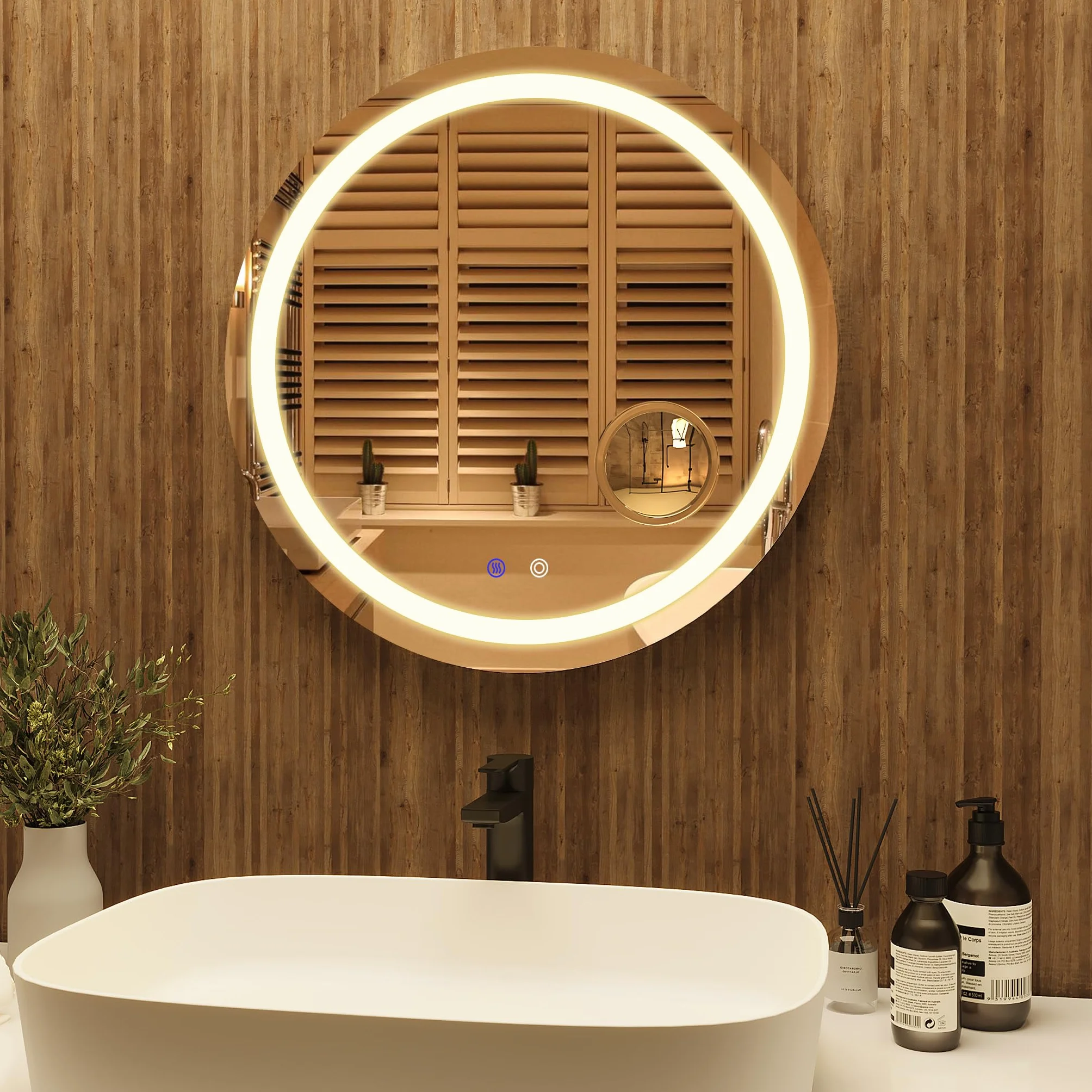 Mondeer Lustro łazienkowe LED, okrągłe, 60 cm, z włącznikiem dotykowym i powłoką zapobiegającą parowaniu, zdejmowane 5 x lupa, 3 kolory światła, możliwość ściemniania, do łazienki (3000 K - 6500 K)
