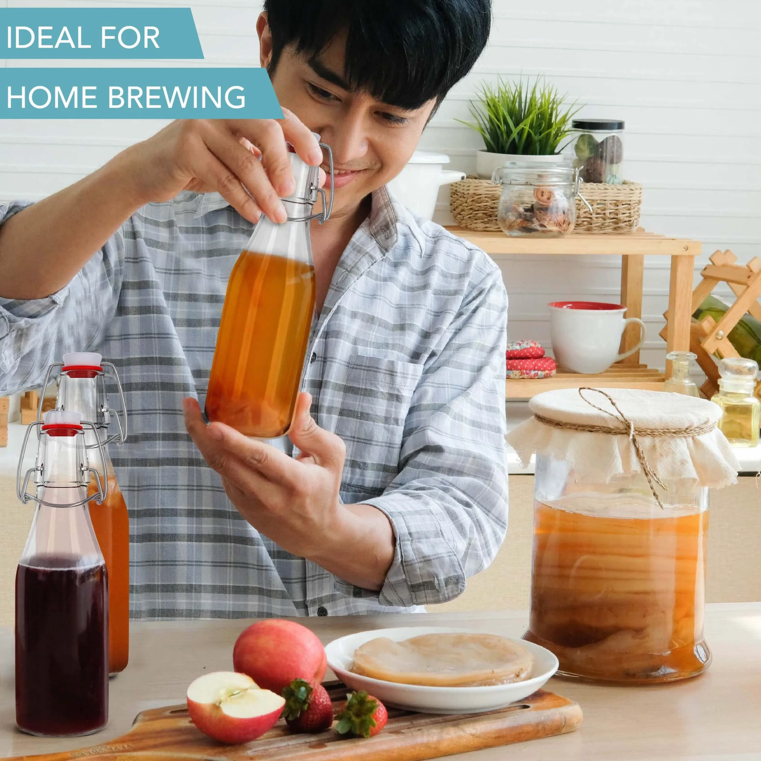 HEFTMAN Szklane butelki z korkami, 250 ml, 6 sztuk, przezroczyste butelki do warzenia piwa z hermetycznymi korkami na wino, przyprawy, napoje, olej, ocet, kombucha i wodę, 6 szt. (250 ml)