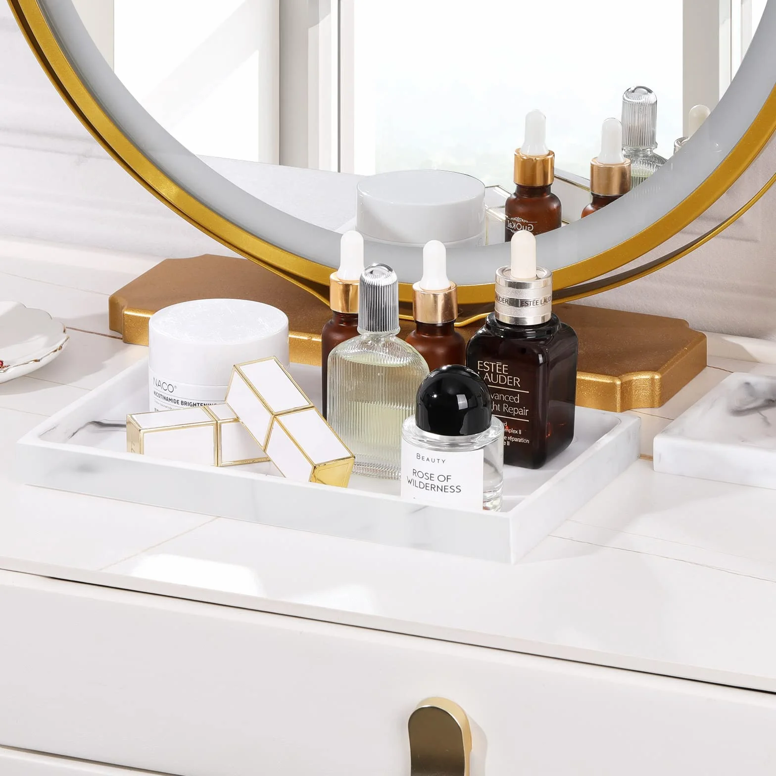 Luxspire Bathroom Vanity Tray, Resin Dresser Jewelry Ring Dish Tank Storage Kitchen Sink Countertop Organiser Plate Holder for Perfume Candles Soap Towel Plant Bathroom Accessories, M, White Marble