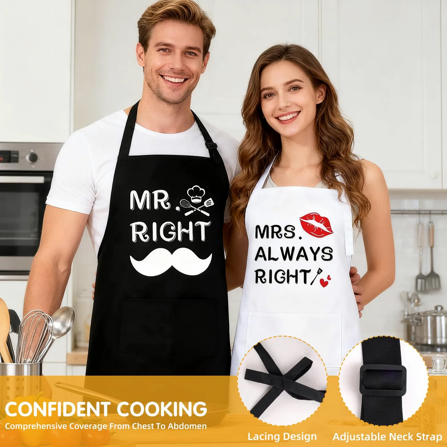 2 sztuki fartuchów kuchennych Mr. & Mrs na prezenty ślubne, z regulowanym pałąkiem na szyję i 2 kieszeniami, fartuchy kuchenne na ślub, prezenty dla pary młodej, zaręczyny, Walentynki