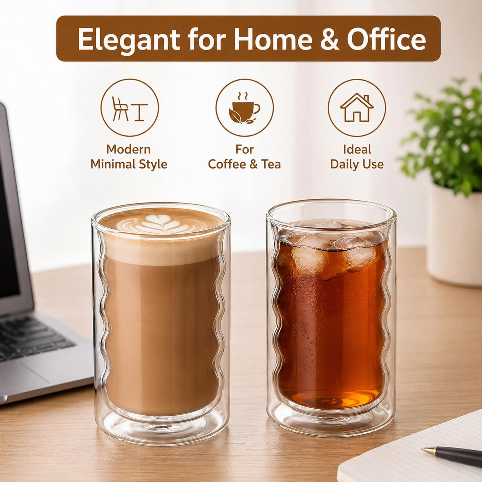 Zestaw 2 szklanek do latte macchiato 375 ml, podwójne ścianki – izolowane szklanki do kawy ze szczotką, duże szklanki termiczne do kawy, herbaty i cappuccino