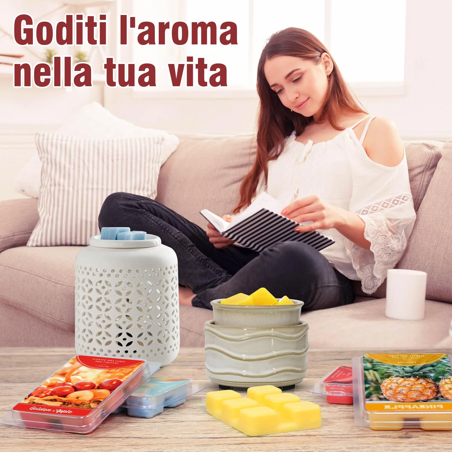 SCENTORINI Wosk zapachowy do lampy zapachowej, 12 sztuk, kostki wosku sojowego, wosk sojowy, zapach do pomieszczeń, ogrzewacz do świec, złote jabłko, bułka cynamonowa, truskawka, zapach mango, zestaw