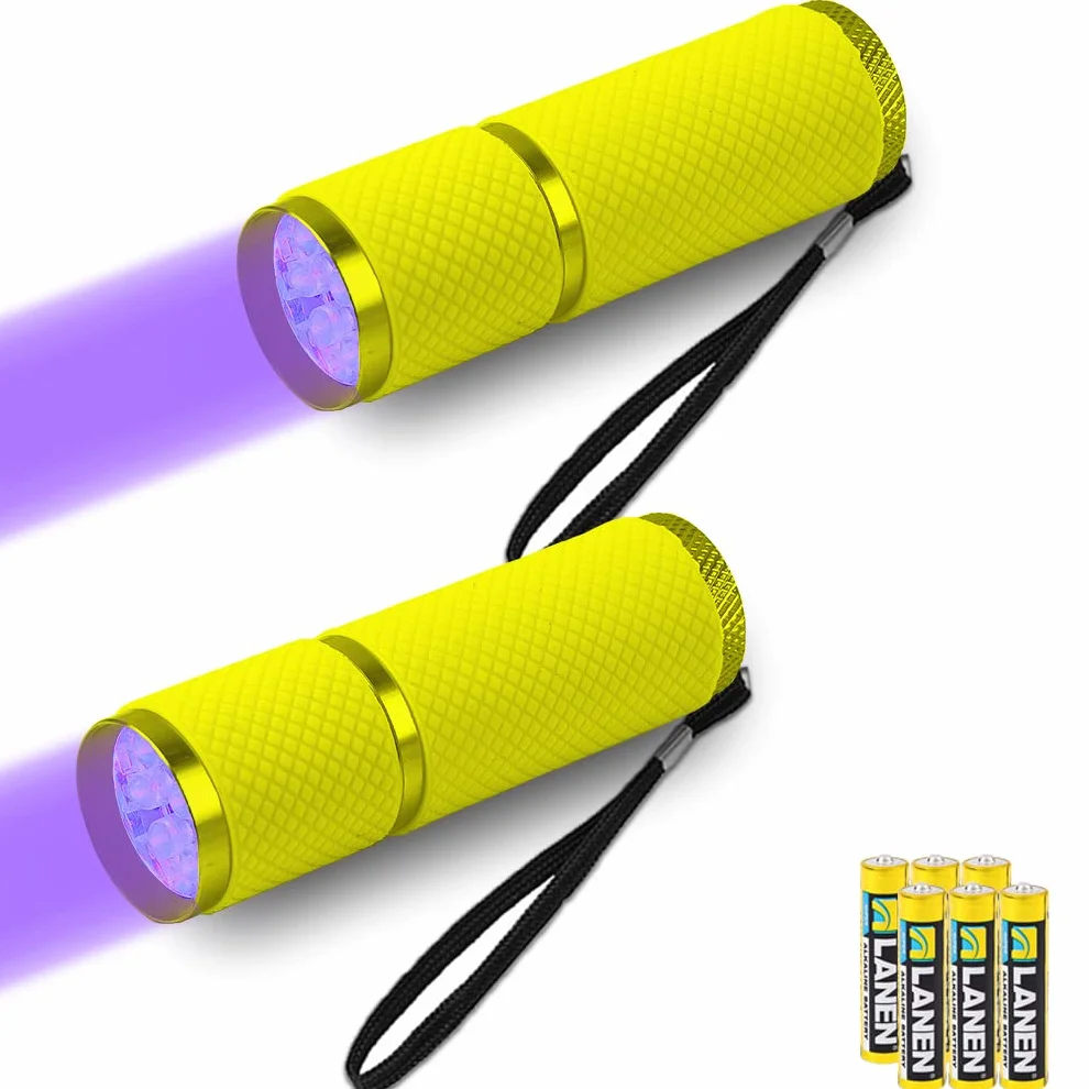 LEAGY Mini latarka UV 2-Pack z 9 diodami LED - wykrywacz moczu psa/kota, substancje fluorescencyjne, plamy, podróbek banknotów (Żółty)