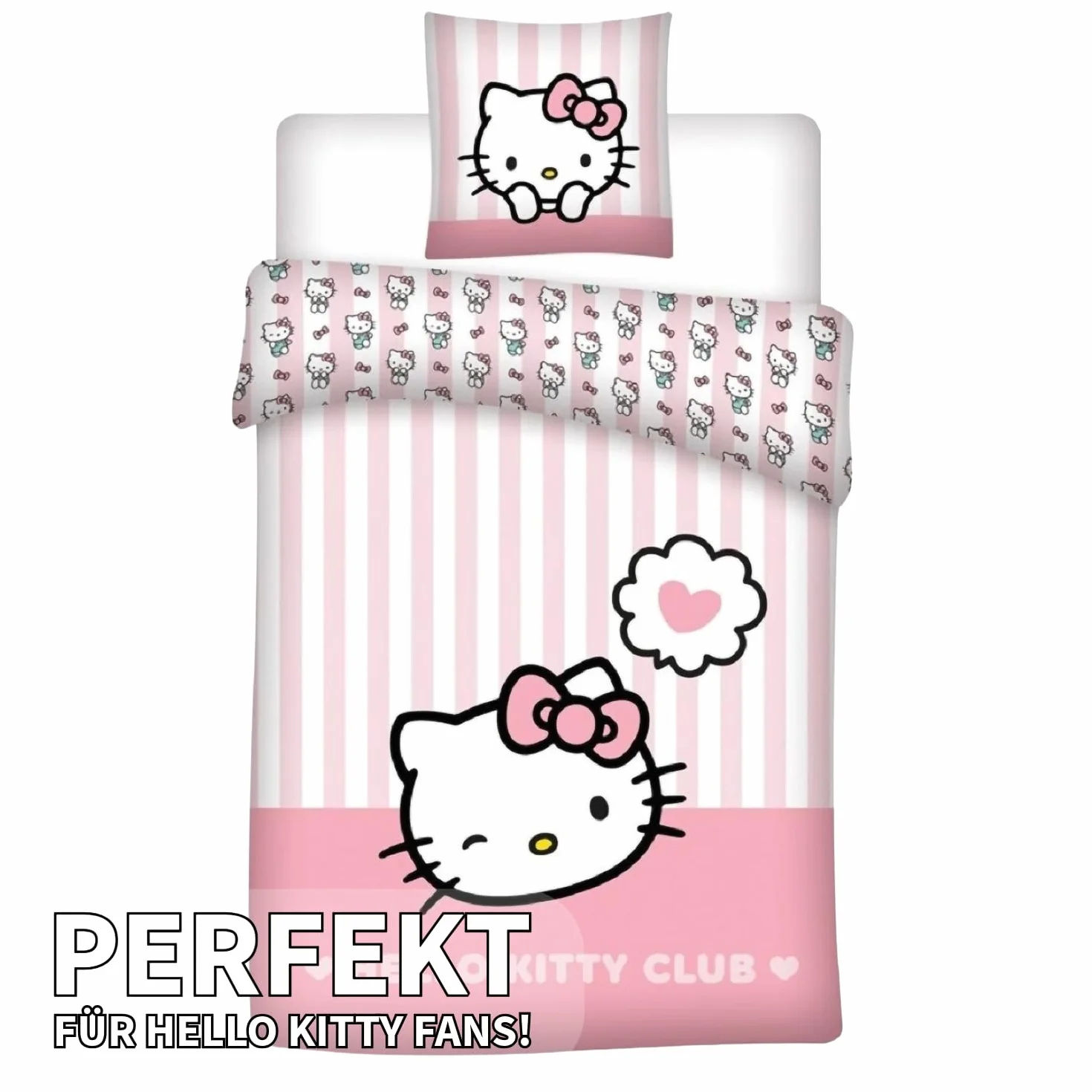 Hello Kitty Club Komplet pościeli, poszewka na poduszkę 80 x 80 cm z dwustronnym motywem, poszewka na kołdrę 135 x 200 cm, z zamkiem błyskawicznym, 100%