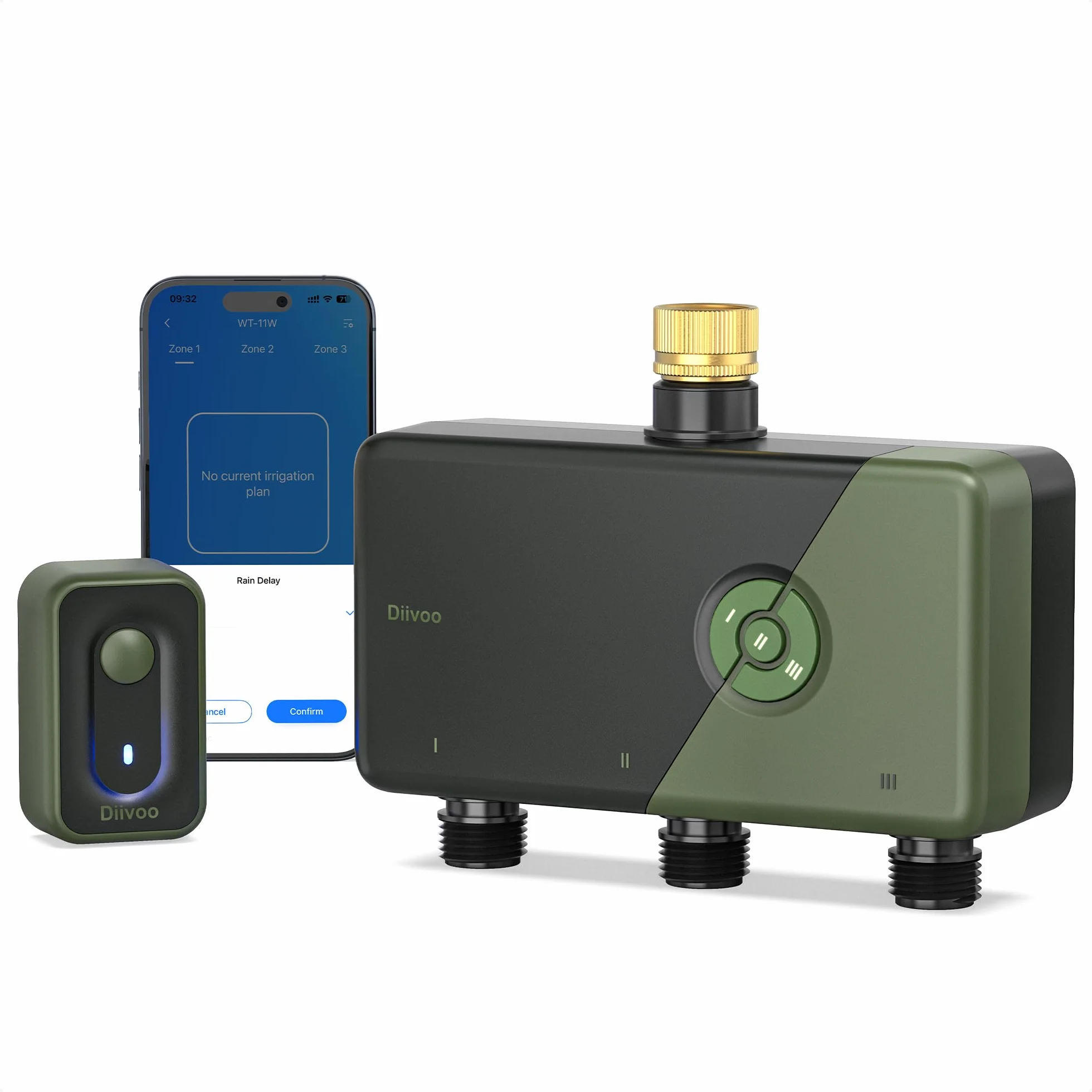Diivoo 3 Zone WiFi Water Timer with Brass Inlet, Smart Sprinkler Hose Timer 3 Outlets Compatible with Alexa/Google Assistant, 18 Irrigation Plans, Rain Delay & Mist Mode for Garden Lawns (2.4GHz Only)