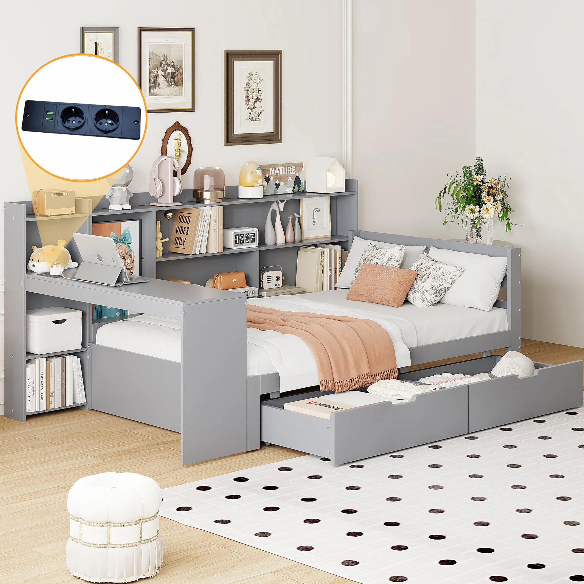 Wielofunkcyjna sofa z funkcją spania z litego drewna z wbudowanym biurkiem, gniazdkiem i miejscem do przechowywania – zajmuje mało miejsca 90 x 200 cm, w kolorze szarym do salonu, pokoju gościnnego