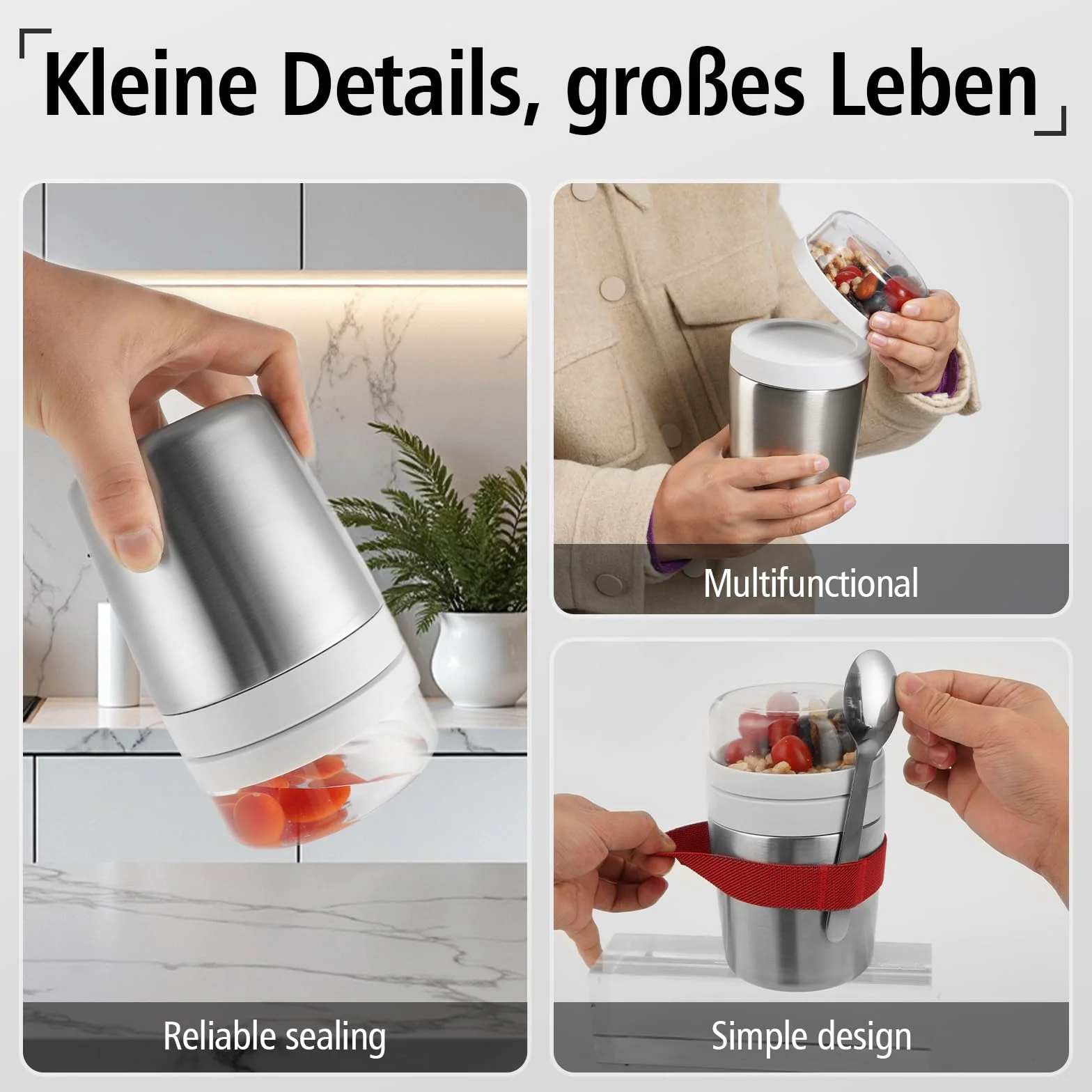 Kubek na musli na wynos 500 + 200 ml, ze stali nierdzewnej, wewnętrzna ścianka, kubek termiczny do jedzenia, izolowana stal szlachetna kubek na jogurt do musli