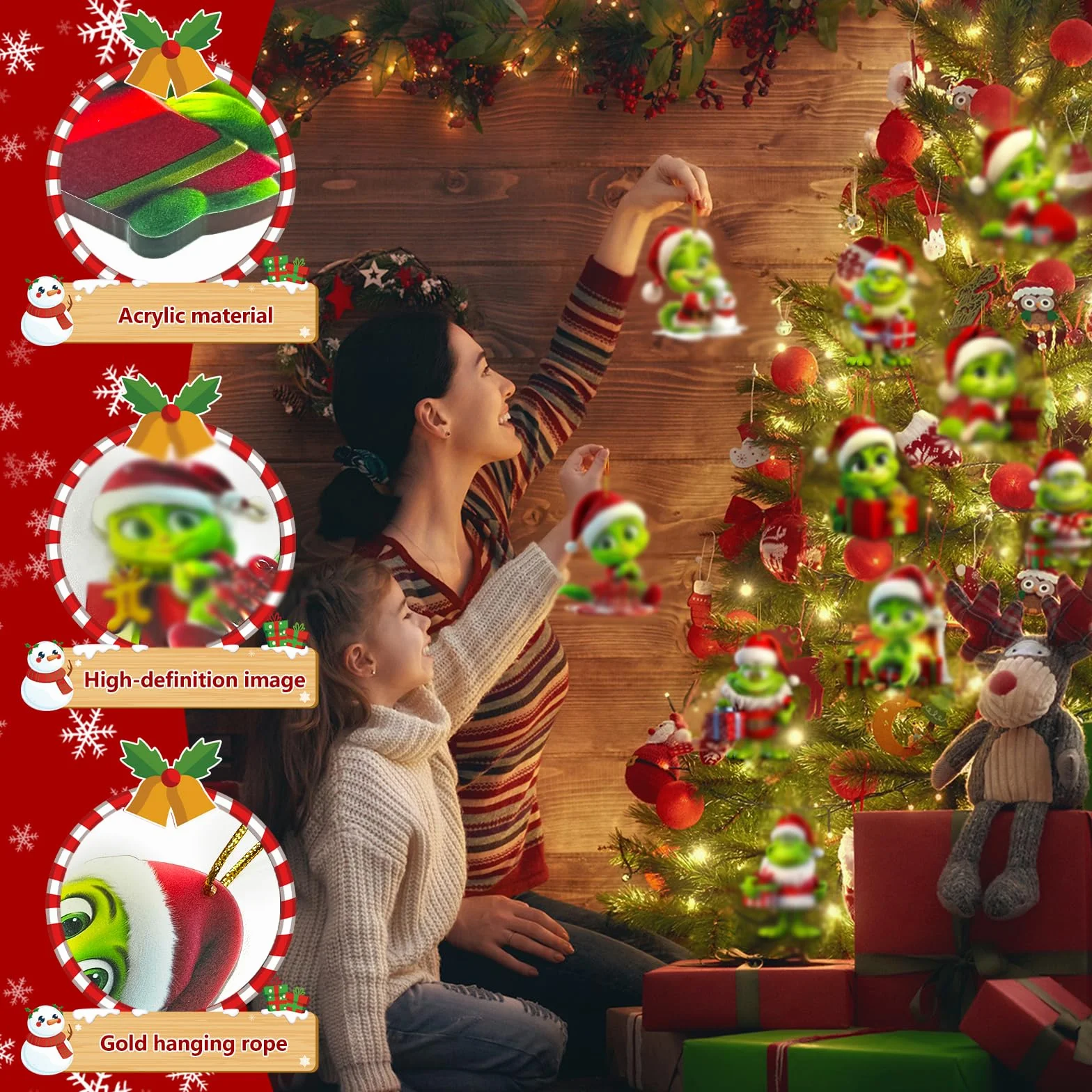 Grinch Dekoracja bożonarodzeniowa, 10 sztuk akrylowych zawieszek bożonarodzeniowych, Grinch zestaw ozdób choinkowych, wesoła ozdoba bożonarodzeniowa na choinkę, urlop, imprezę
